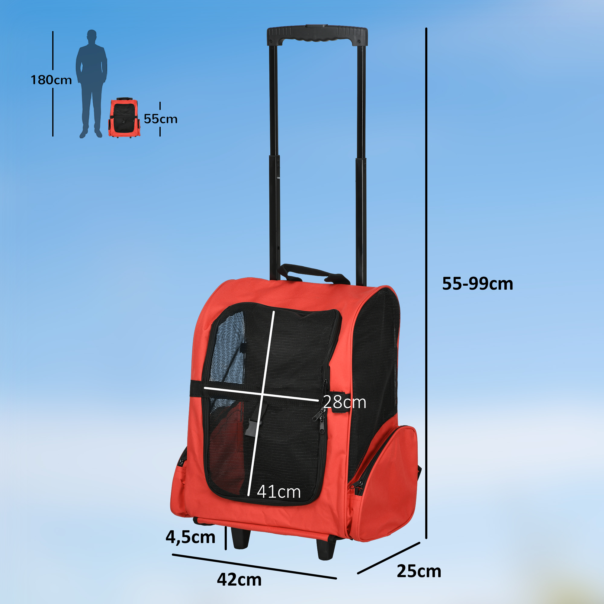 Hundetransporttasche, Haustierrucksack, 2-in-1-Design, ausziehbarer Griff, Seitentaschen, Rot, 42 x 25 x 55cm