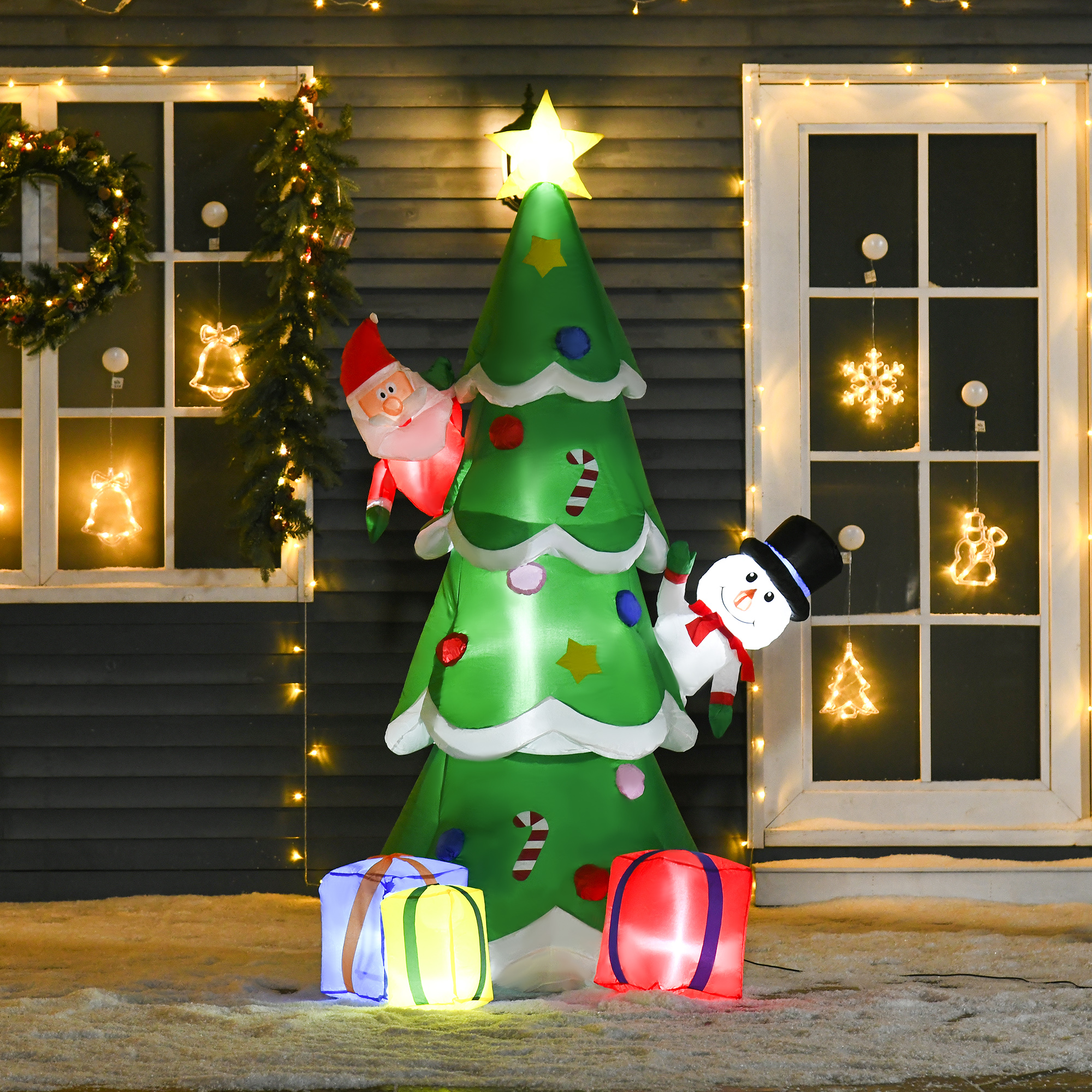 Aufblasbarer Weihnachtsbaum mit Weihnachtsmann Schneemann und Geschenkbox 210 cm Weihnachtsbeleuchtung LED Selbstaufblasend Polyester Grün 144 x 125 x 210 cm