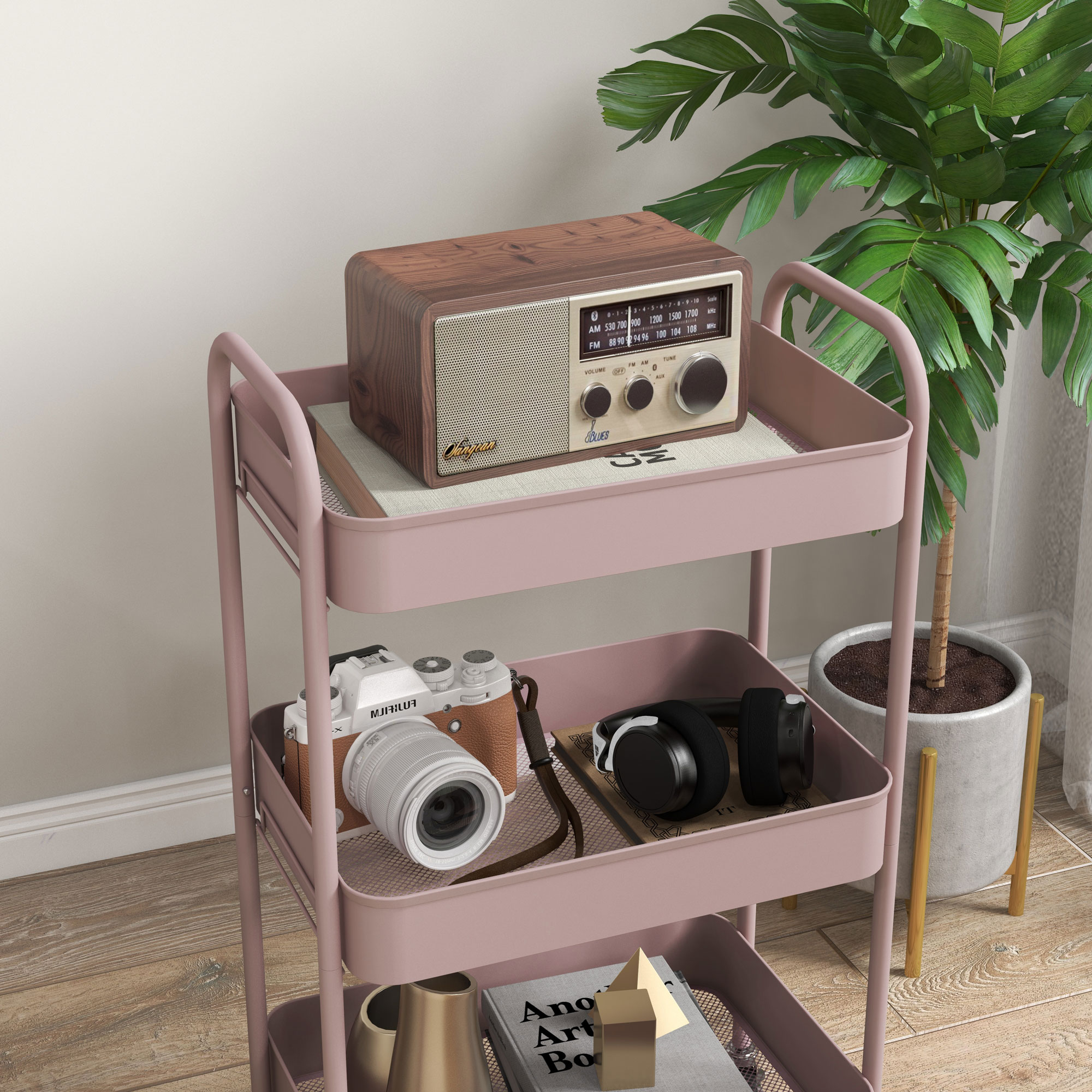 Mehrzweckwagen Rollwagen Küchenwagen, 3 Regale, 4 Rollen, 45 cm x 30,6 cm x 79 cm, Rosa