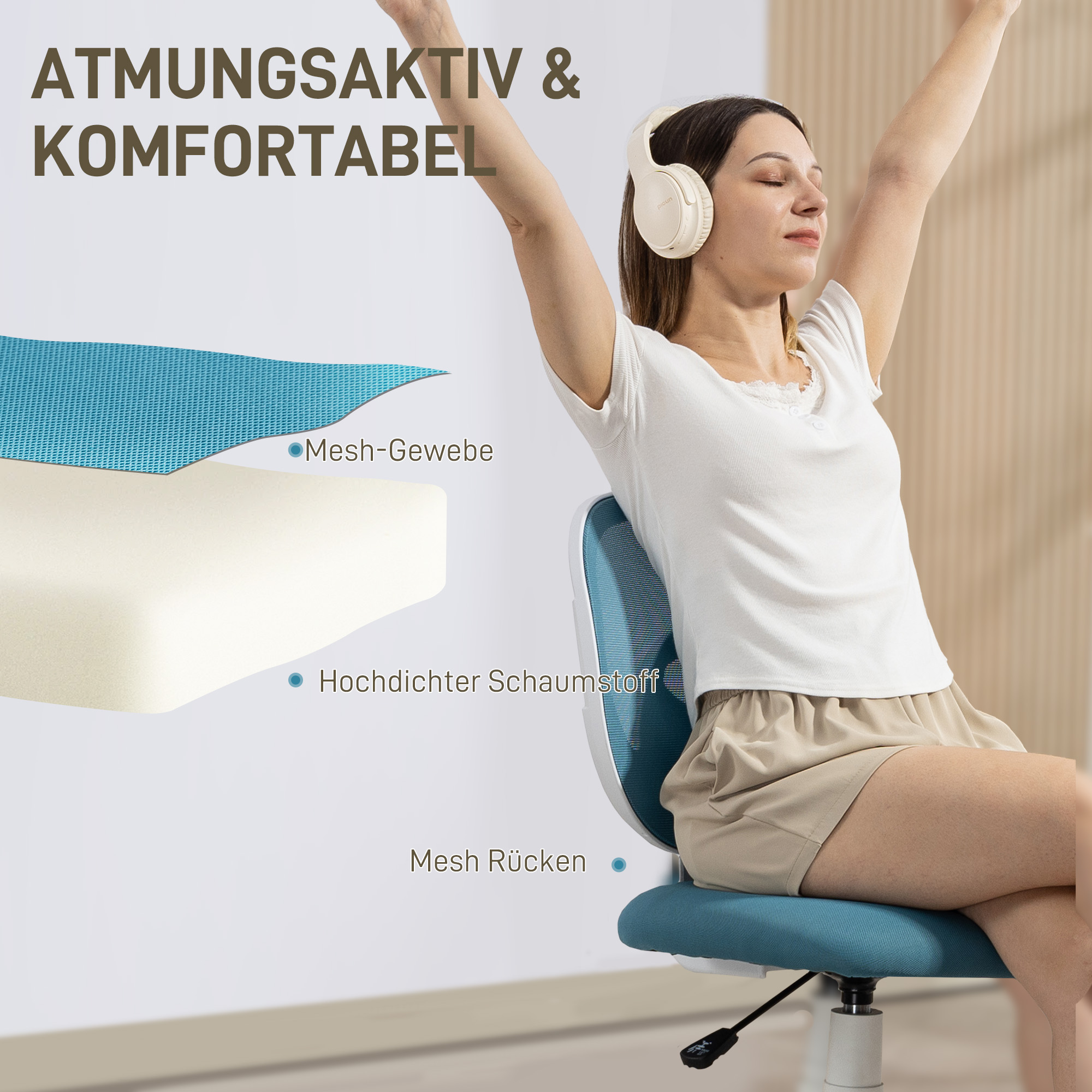 Bürostuhl Ergonomischer Schreibtischstuhl mit C-förmiger Rückenstütze, Höhenverstellbar Blau