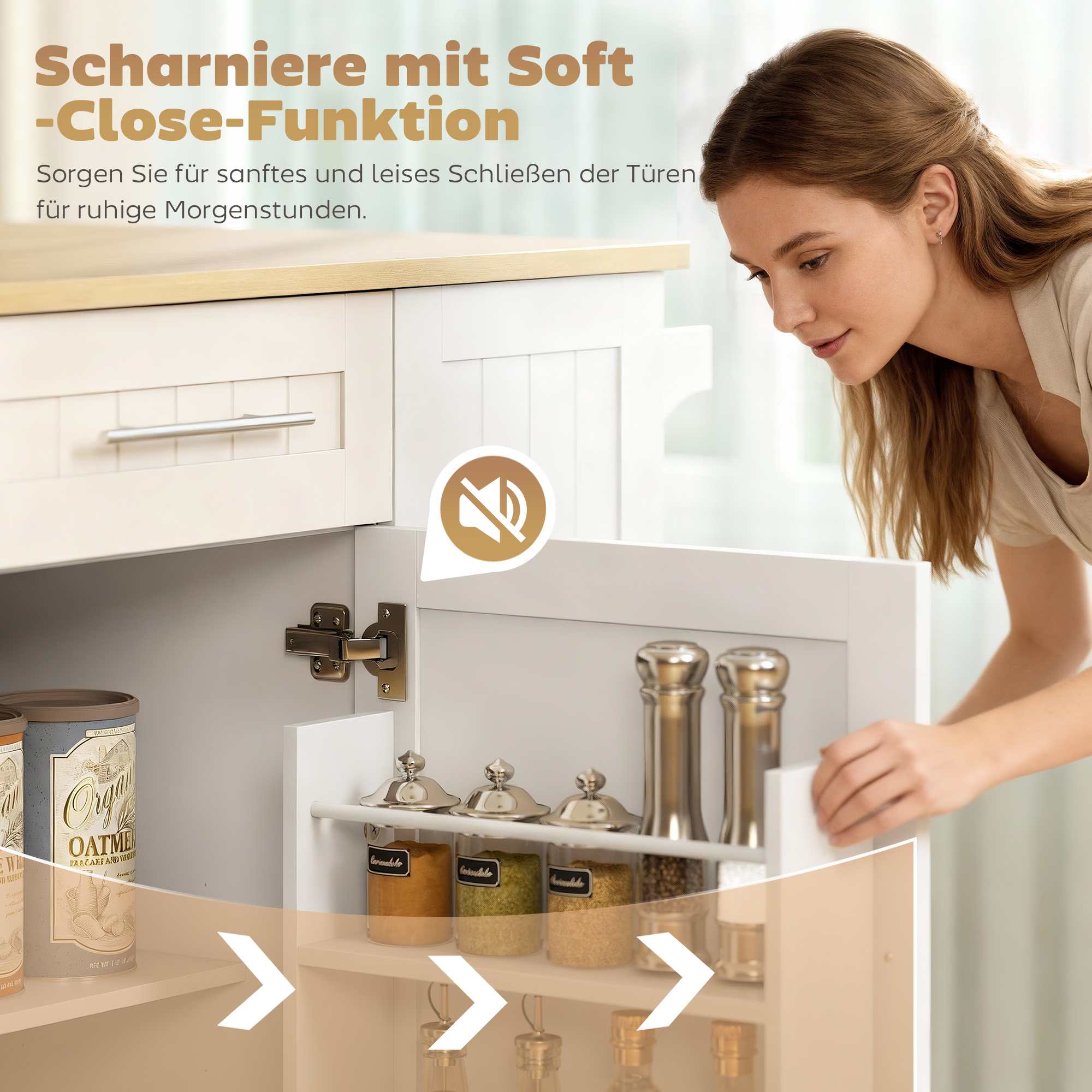 Fahrbare Kücheninsel, erweiterbare Oberfläche, Schranktüren, Schubladen, Handtuchhalter, Küchenwagen aus MDF, Weiß