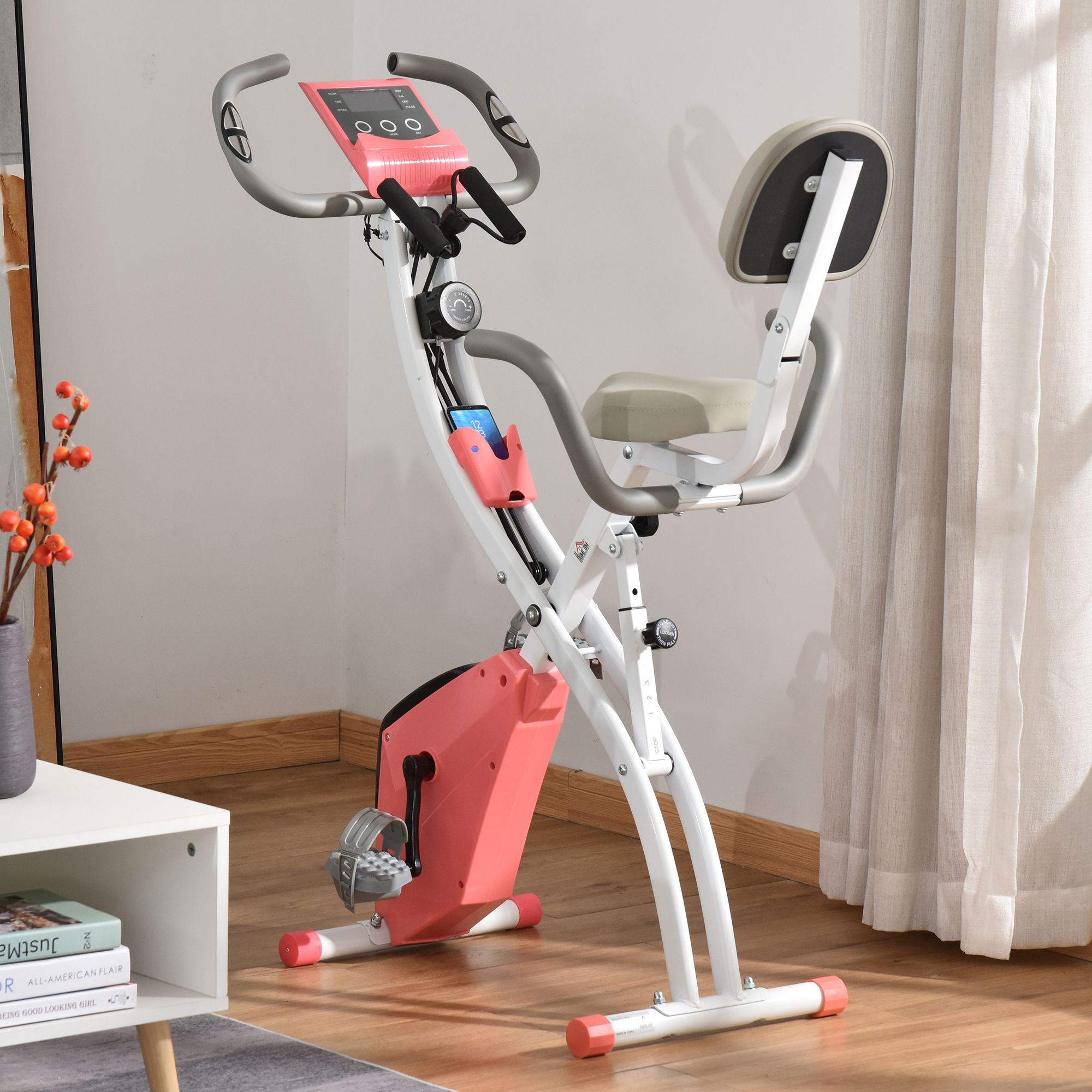 Heimtrainer X-Bike 2-in-1 Fahrradtrainer mit LCD-Display,Pulsmesser, klappbarer Hometrainer Trimmrad mit 8 stufig Magnetwiderstand, 1 Paar Spannseil, Stahl Rosa 105x48x118 cm