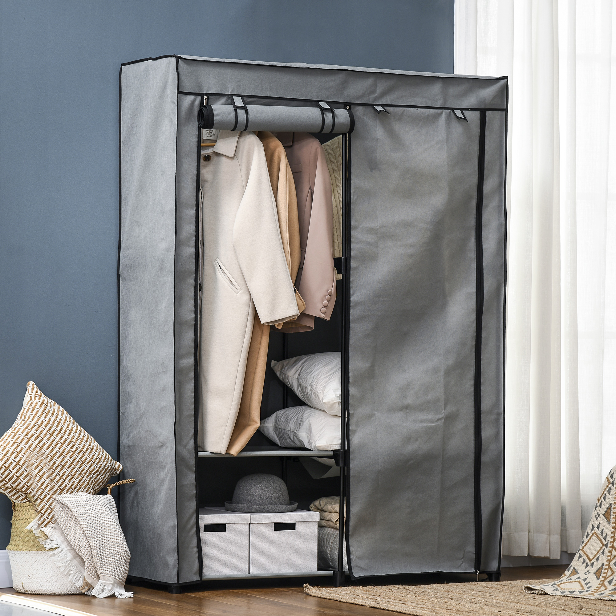 Schrank aus Stoff, Aufbewahrungslösung, 4 Regale,  2 Kleiderstangen, Grau