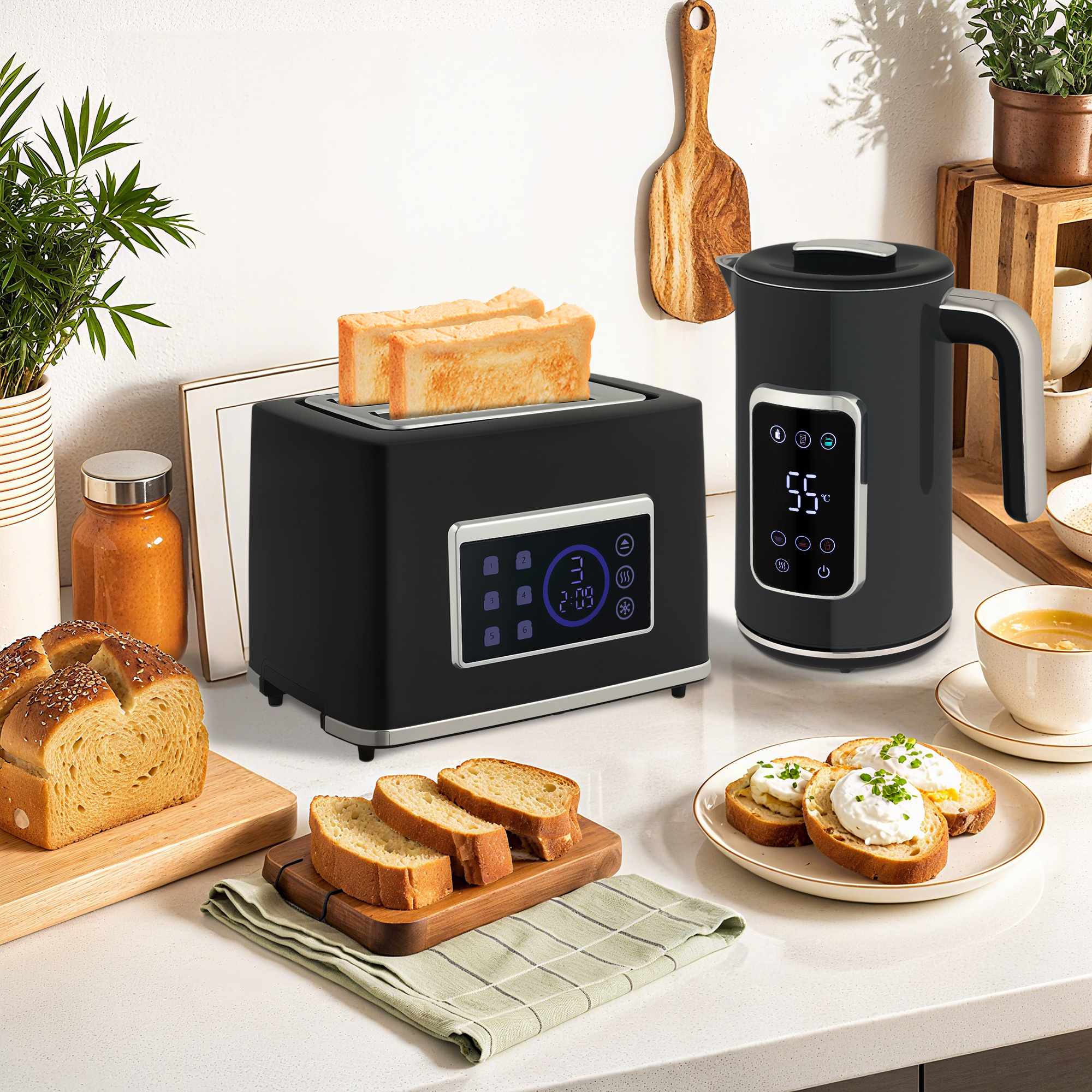 Wasserkocher und Toaster-Set mit LED-Touchscreen, 1,7 L, 2 Toasterschlitze, verschiedene Modi und Funktionen, Schwarz