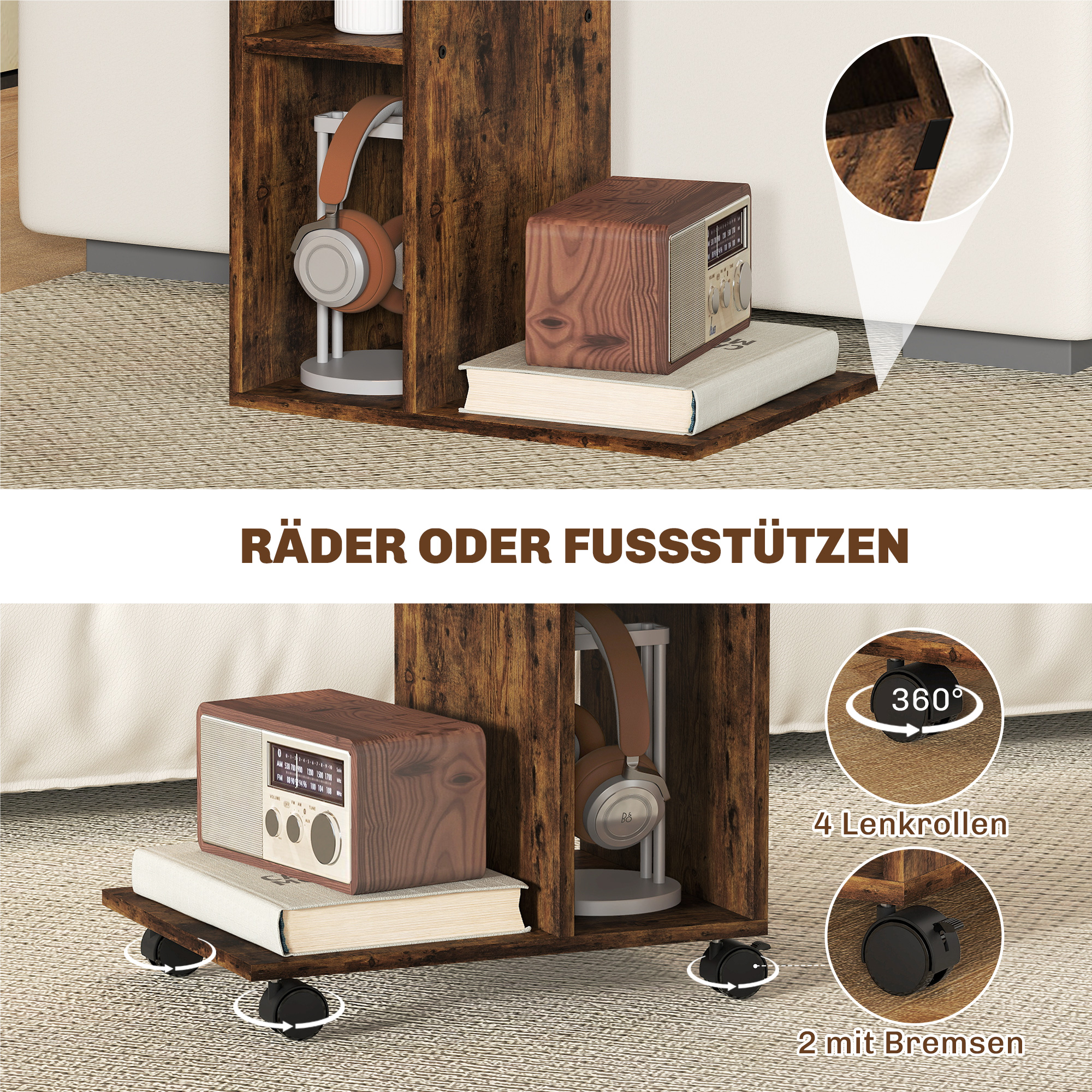 Beistelltisch, C-förmiger Servierwagen, 4 Rollen, 3 Fächer, 40 x 30 x 69 cm, Rustikal-Braun