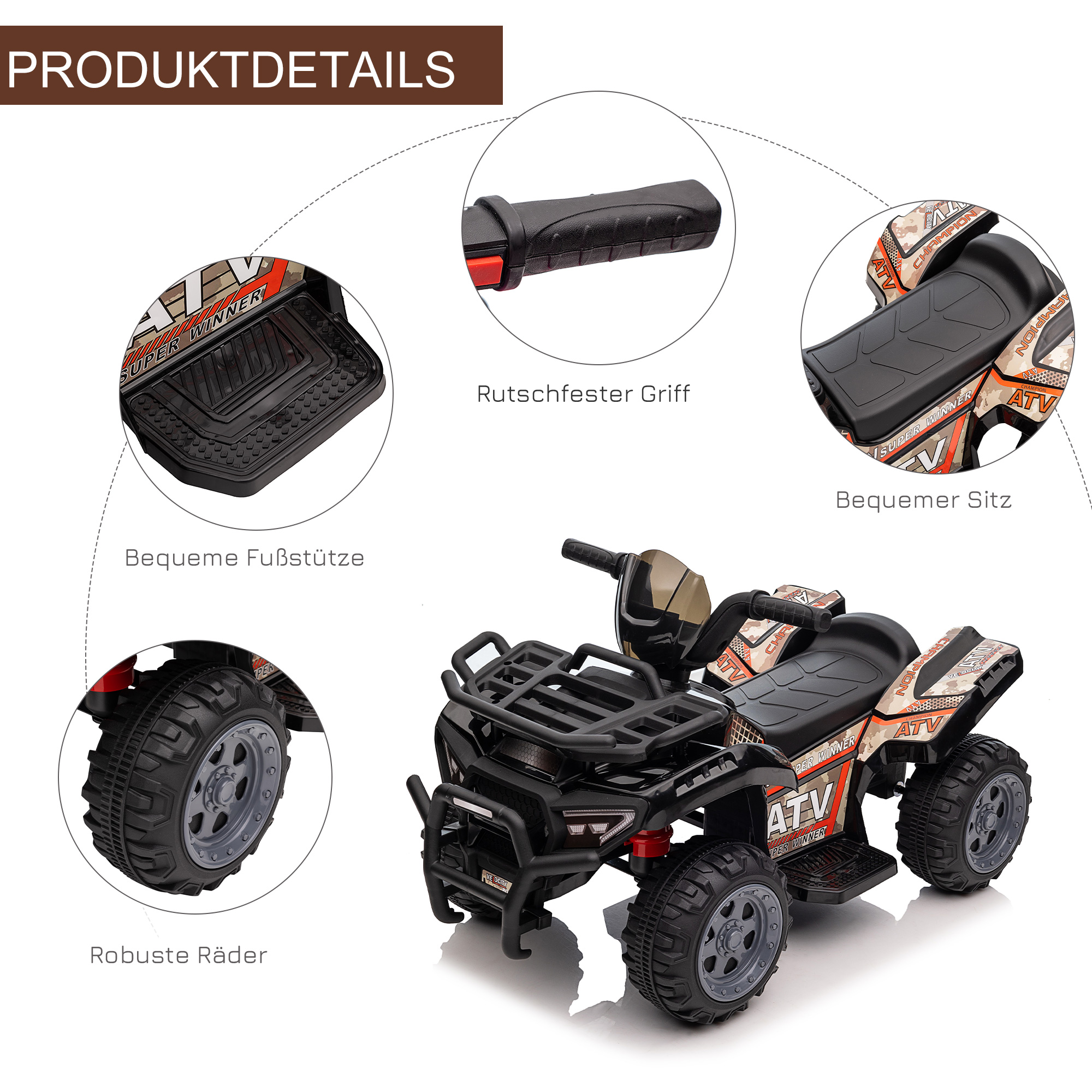 Kinderquad 6V Kinderquad mit Vorwärtsfunktion, Musik, Elektro-Quad für Kinder 1,5-3 Jahre Schwarz