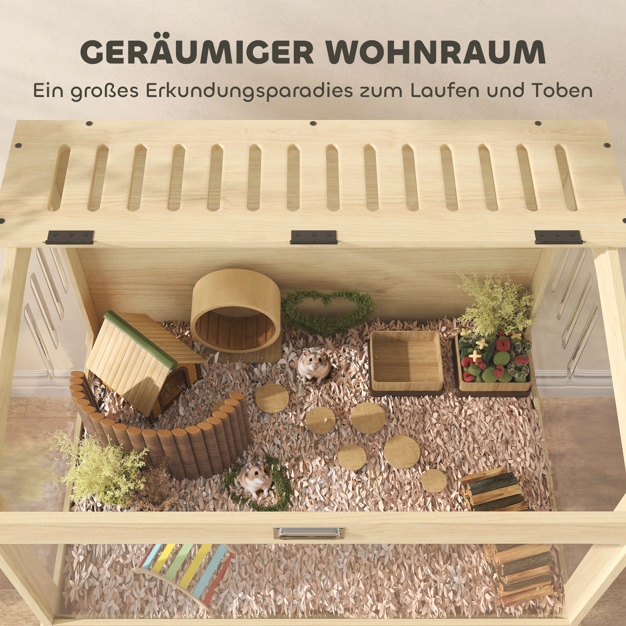 Hamsterkäfig 2 Etagen Nagerkäfig Kleintierkäfig mit klappbarem Deckel, groß 83,2 x 50 x 103 cm Naturholz