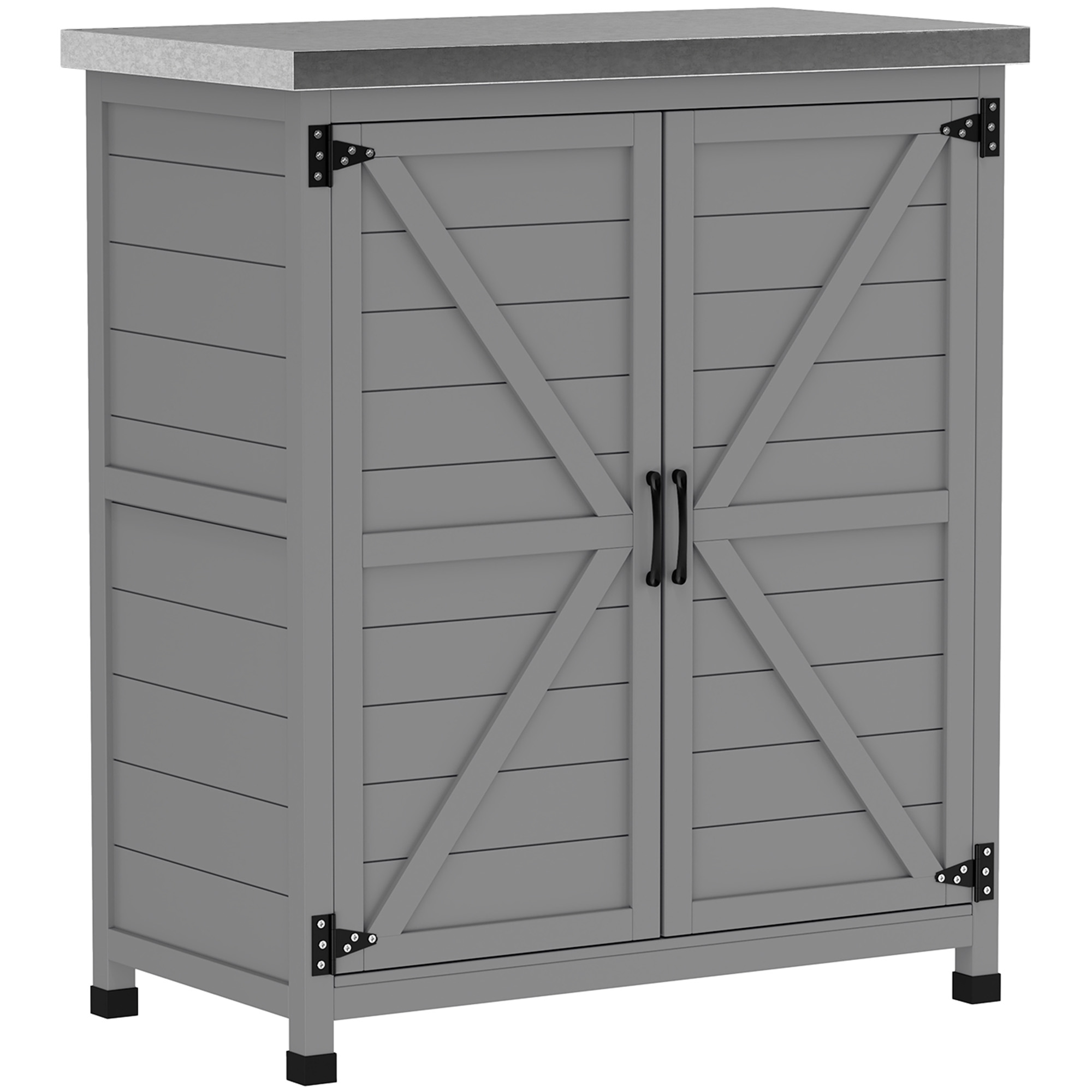 Gartenschrank, Außenschrank mit Arbeitsfläche, Werkzeugschrank, Massivholz, Stahl, 79B x 43T x 92H cm, Grau