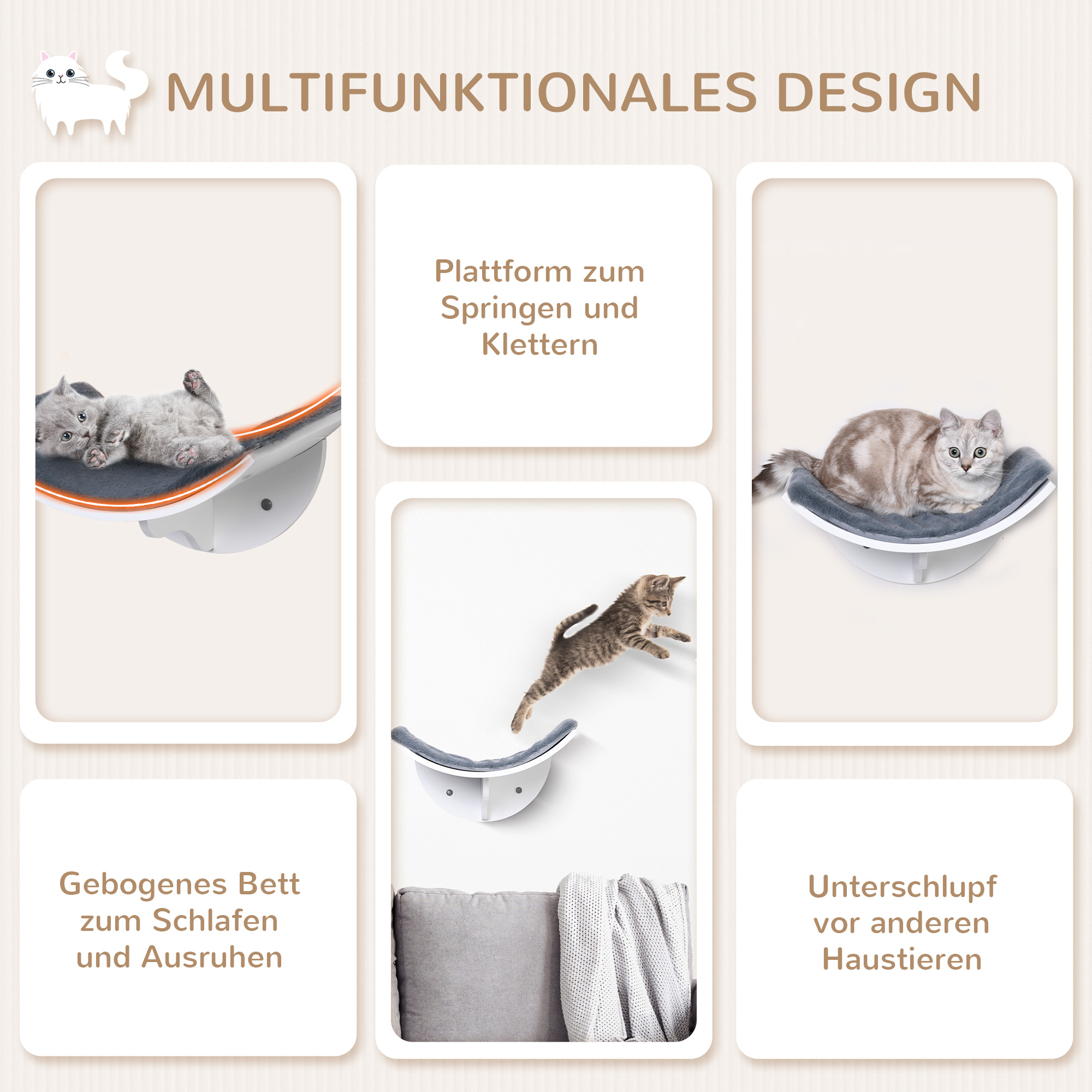 Katzenliege Katzen Wandliege Katzenbett Katzenregal Wandmontage Plüschauflage Grau 41 x 28 x 21 cm