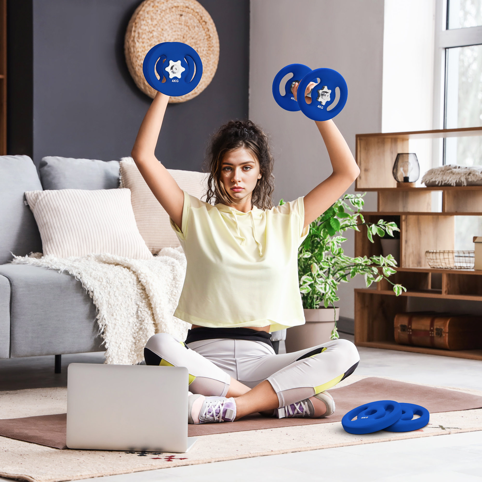 2 x 4 kg Gewichtsplatten mit praktischen Handgriffen, Gewichts-Set für Home-Gym, Fitnessstudio, Stärke-Training, Blau