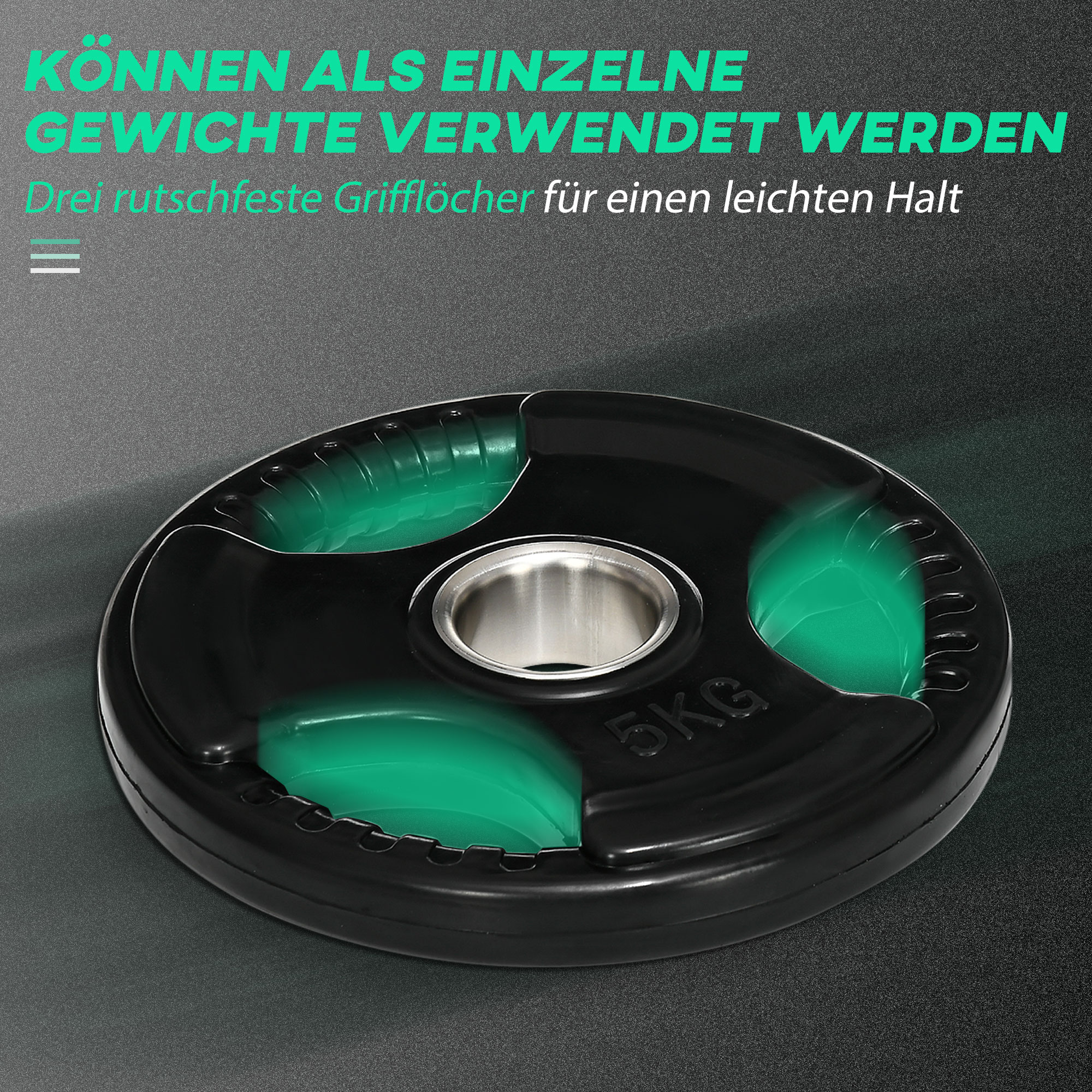Hantelscheibe, 2er-Set, 5 kg pro Scheibe, drei Griffe, bodenschonender Gummimantel, Metall