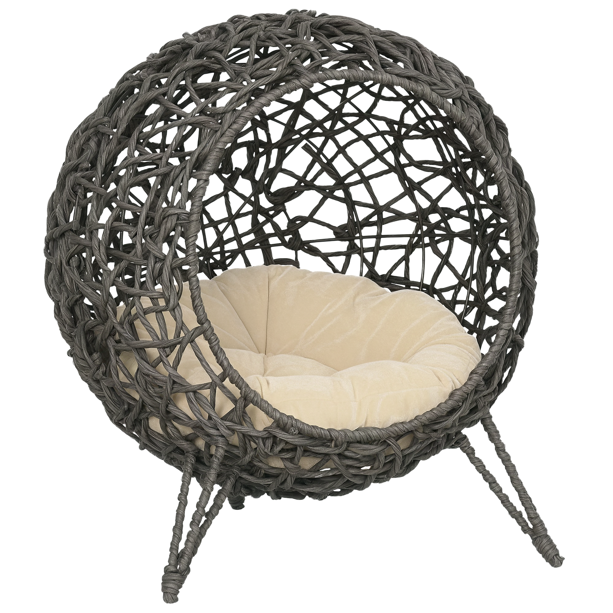 Katzenhaus aus Rattan mit Kissen Katzenschlafplatz Katzenhöhle mit erhöhten Füßen Silbergrau Ø52 x 58 cm