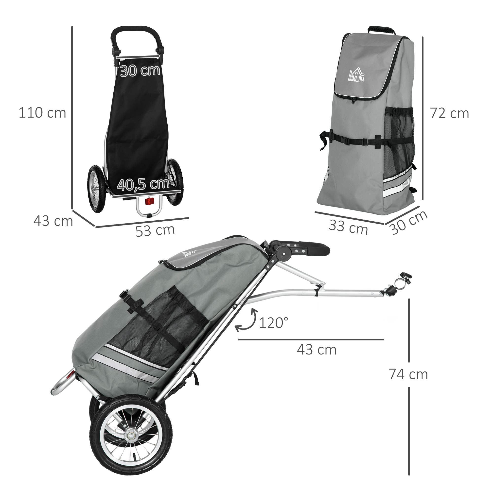 3-in-1 Einkaufstrolley Einkaufswagen Fahrradanhänger Sackkarre, 53 x 43 x 110cm , Grau+Silber