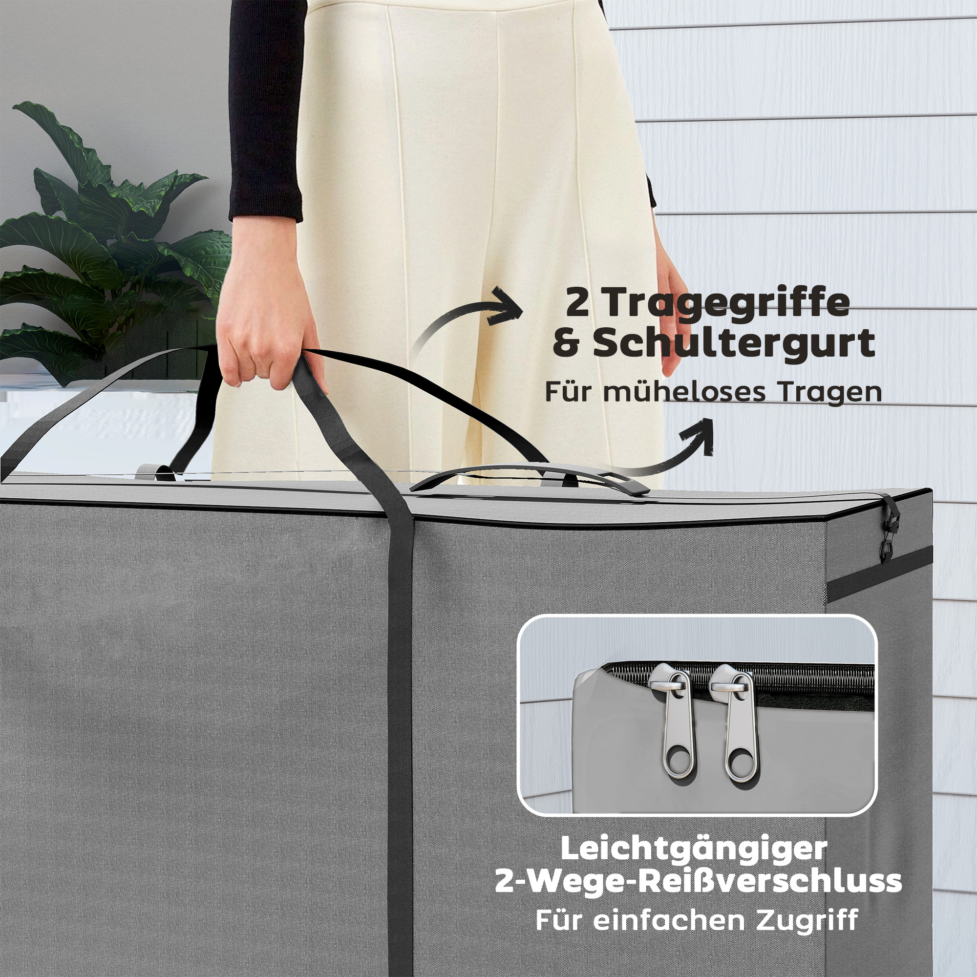 Aufbewahrungstasche Gartenpolster, Auflagentasche, Schutzhülle mit Tragegriff, Reißverschluss, 200 x 60 x 75 cm, Hellgrau