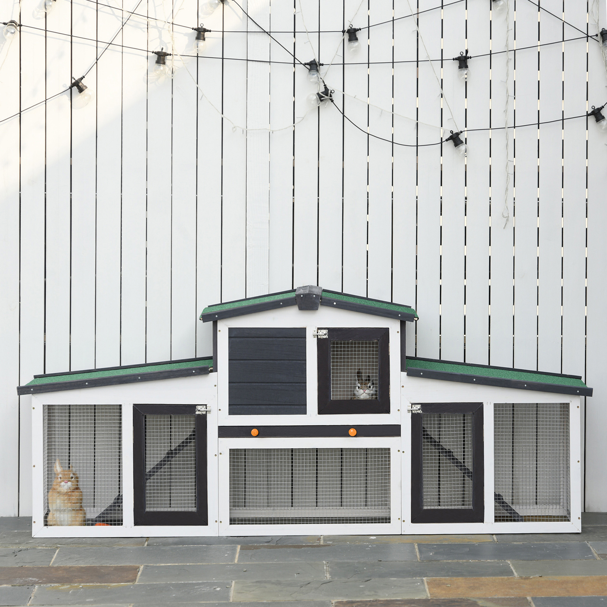 Kleintierstall mit 2 Freigehegen wetterbeständig Tannenholz Weiß + Grün