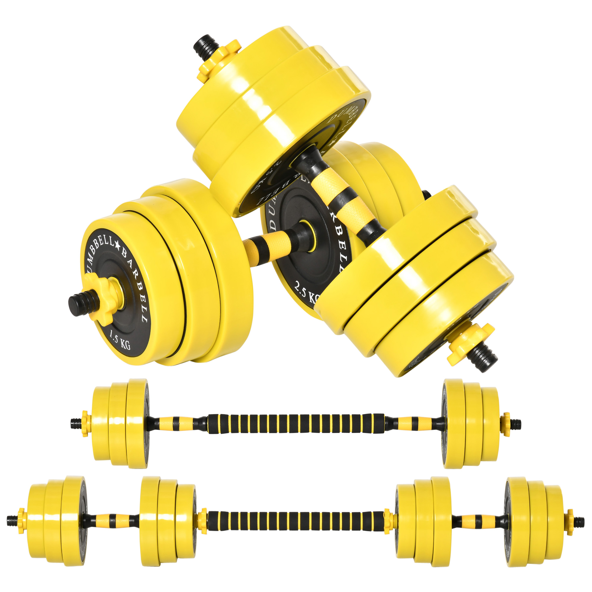 25 kg Hantel & Langhantel,Einstellbare ergonomische 3-in-1 Hantelset,12 × Platten,2 × Kurze Stöcke,1 × Langer Stock,Gelb+Schwarz