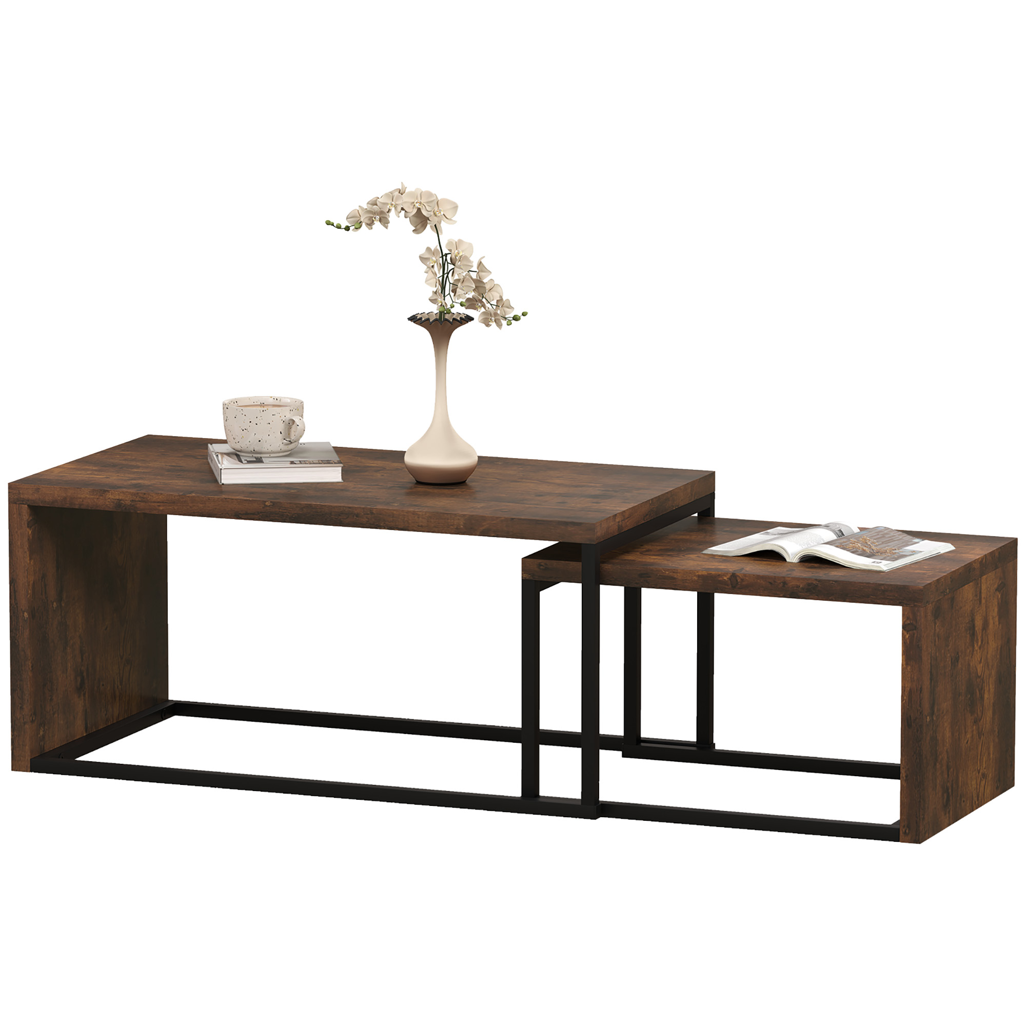 2er-Set Couchtisch, Sofatisch, Beistelltisch, MDF, Metall, 90 x 48 x 42 cm/59 x 42 x 36 cm, Schwarz+Braun 2er-Set Couchtisch, Sofatisch, Beistelltisch, MDF, Metall, 90 x 48 x 42 cm/59 x 42 x 36 cm, Schwarz+Braun