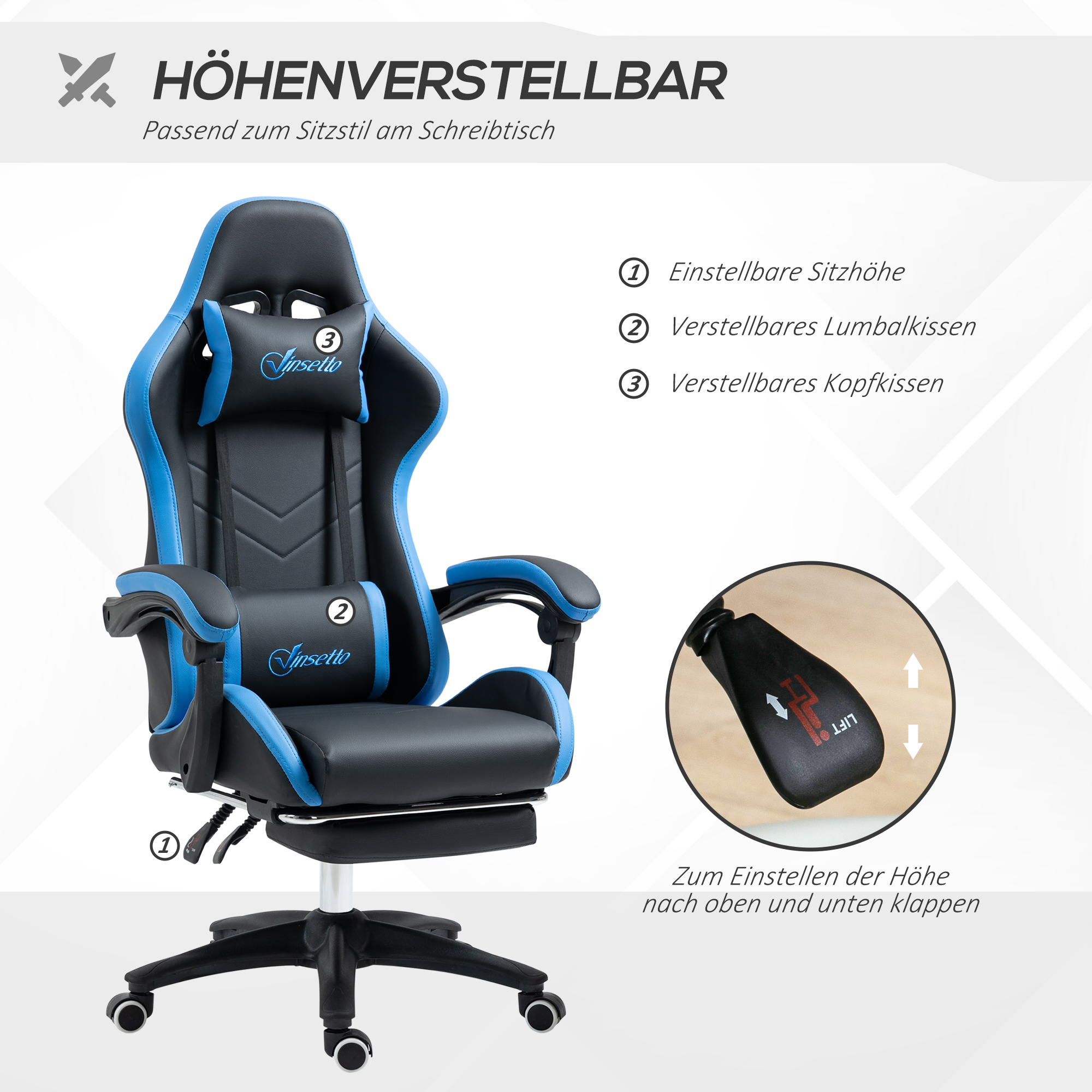 Bürostuhl, Gamingstuhl, 1 Kopfstütze, 1 Lendenstütze, Blau + Schwarz