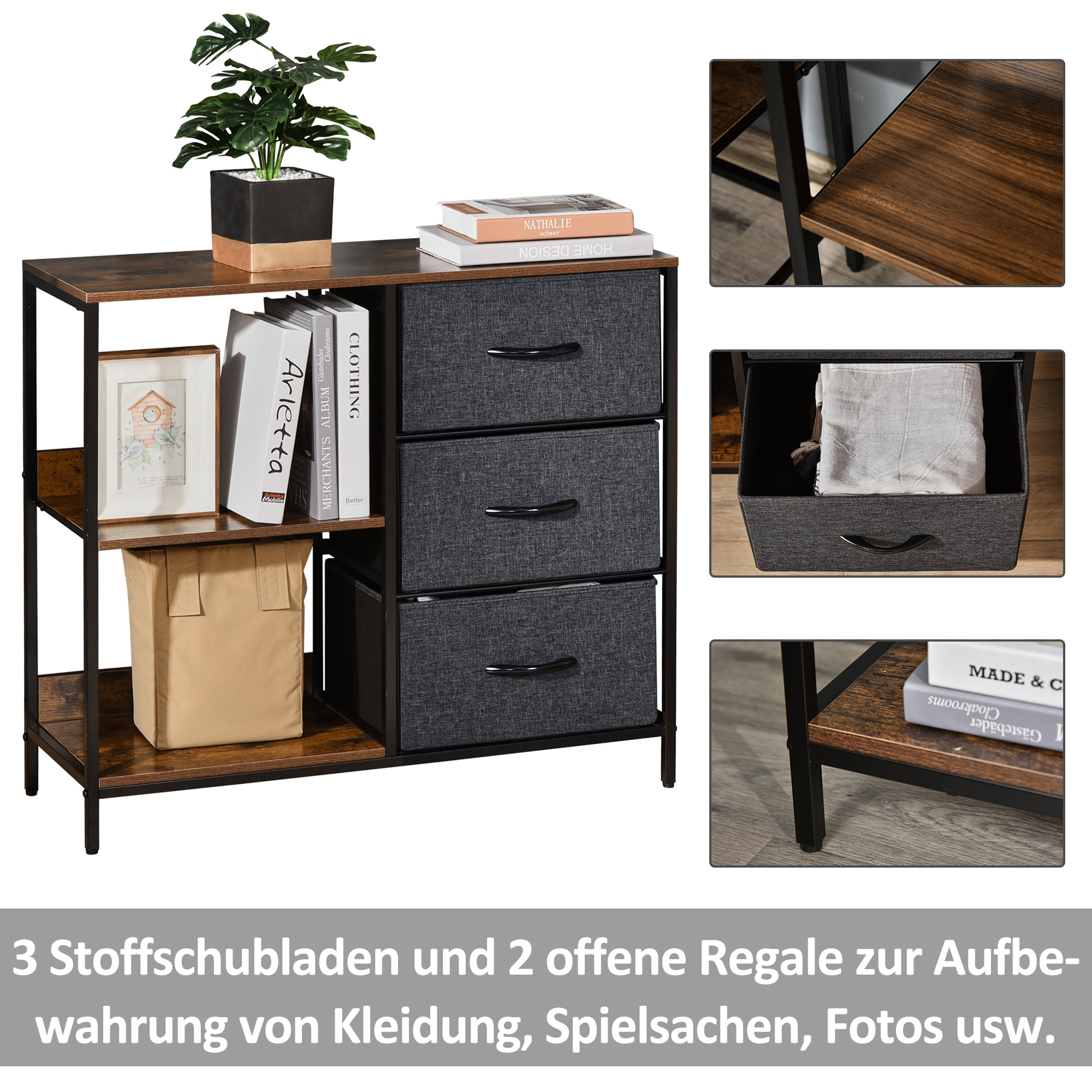 Aufbewahrungs-Kommode, 3 Stoffschubladen, Regale, Metallrahmen, Braun+Grau