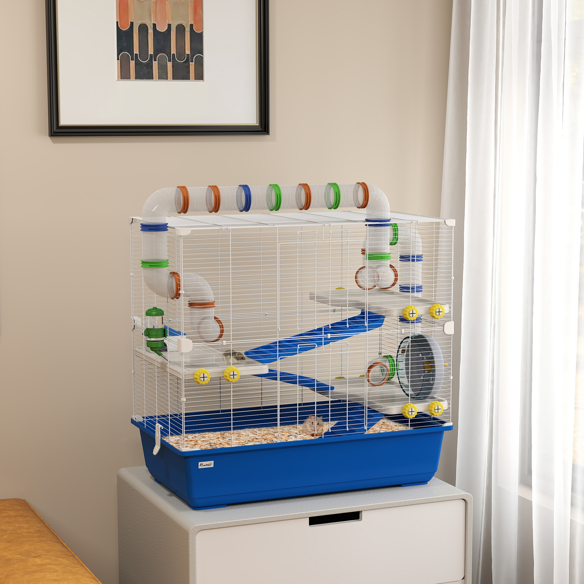 Hamsterkäfig mit 4 Ebenen, Kleintierkäfig mit Tunnelsystem, Hütte, Laufrad, für Zwerghamster, 78 x 45 x 73 cm, Blau