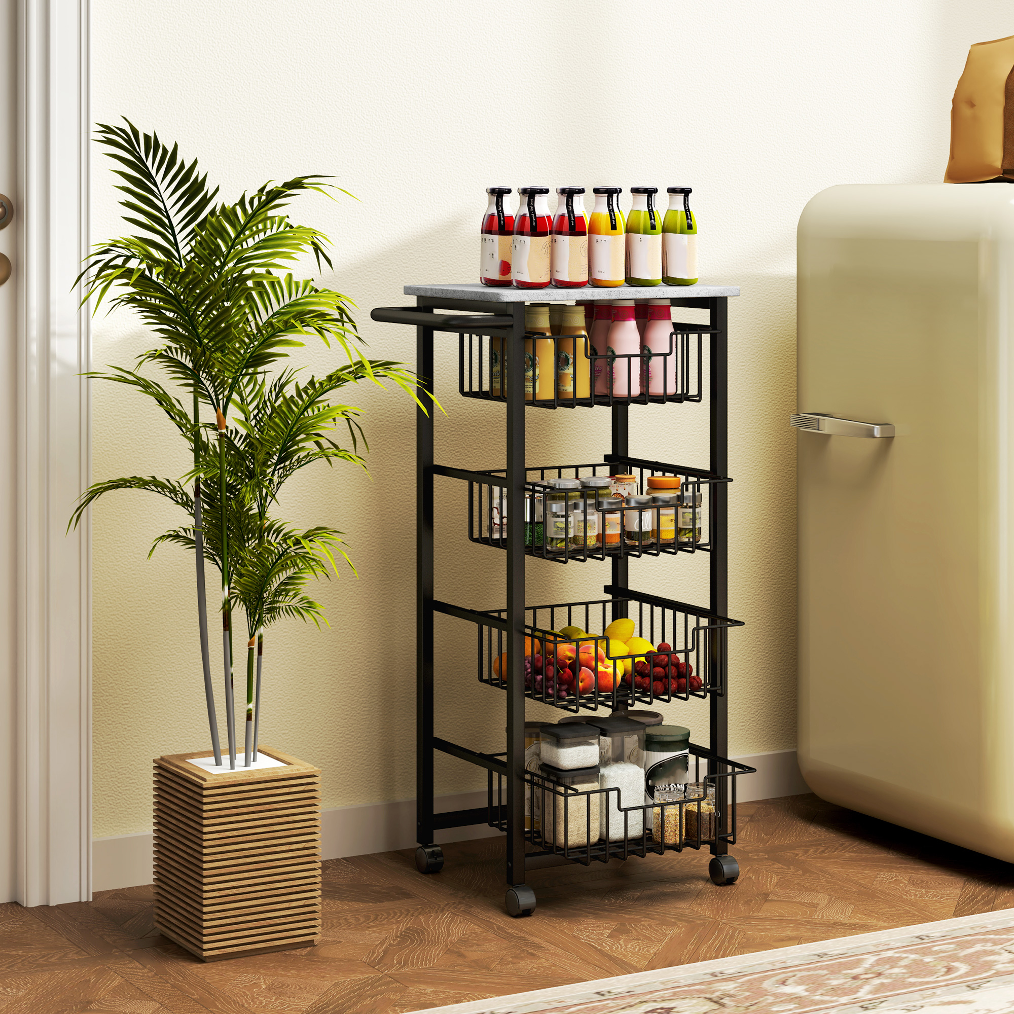 4-stufige Küchenwagen auf Rädern, Rollbarer Servierwagen, Küchen-Trolley mit 4 Stahlkörben, Servierwagen