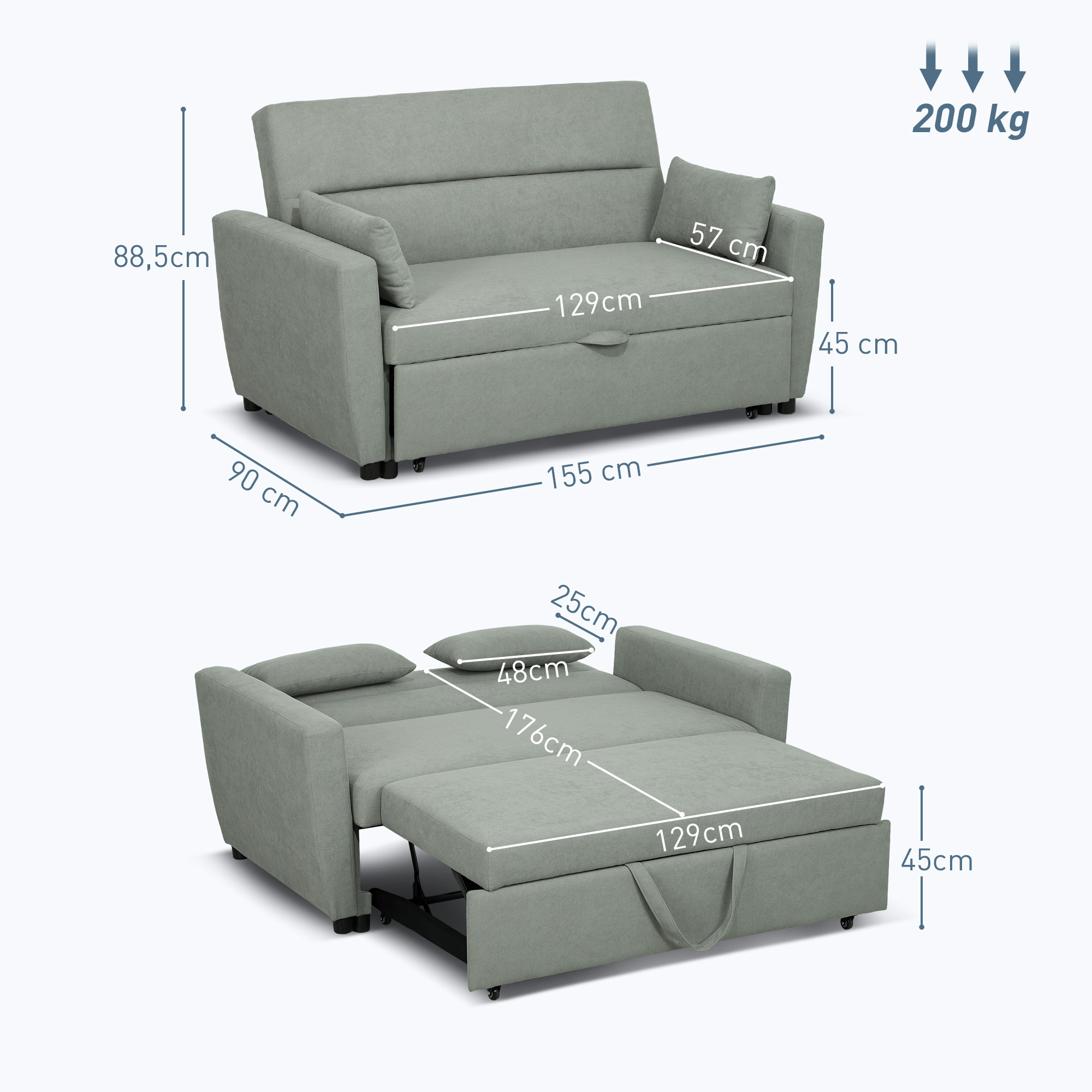 2-Sitzer Sofa mit Bettfunktion, Verstellbarer Rückenlehne, Polstersofa, Samtoptik, für Wohnzimmer, Schlafzimmer, Hellgrau
