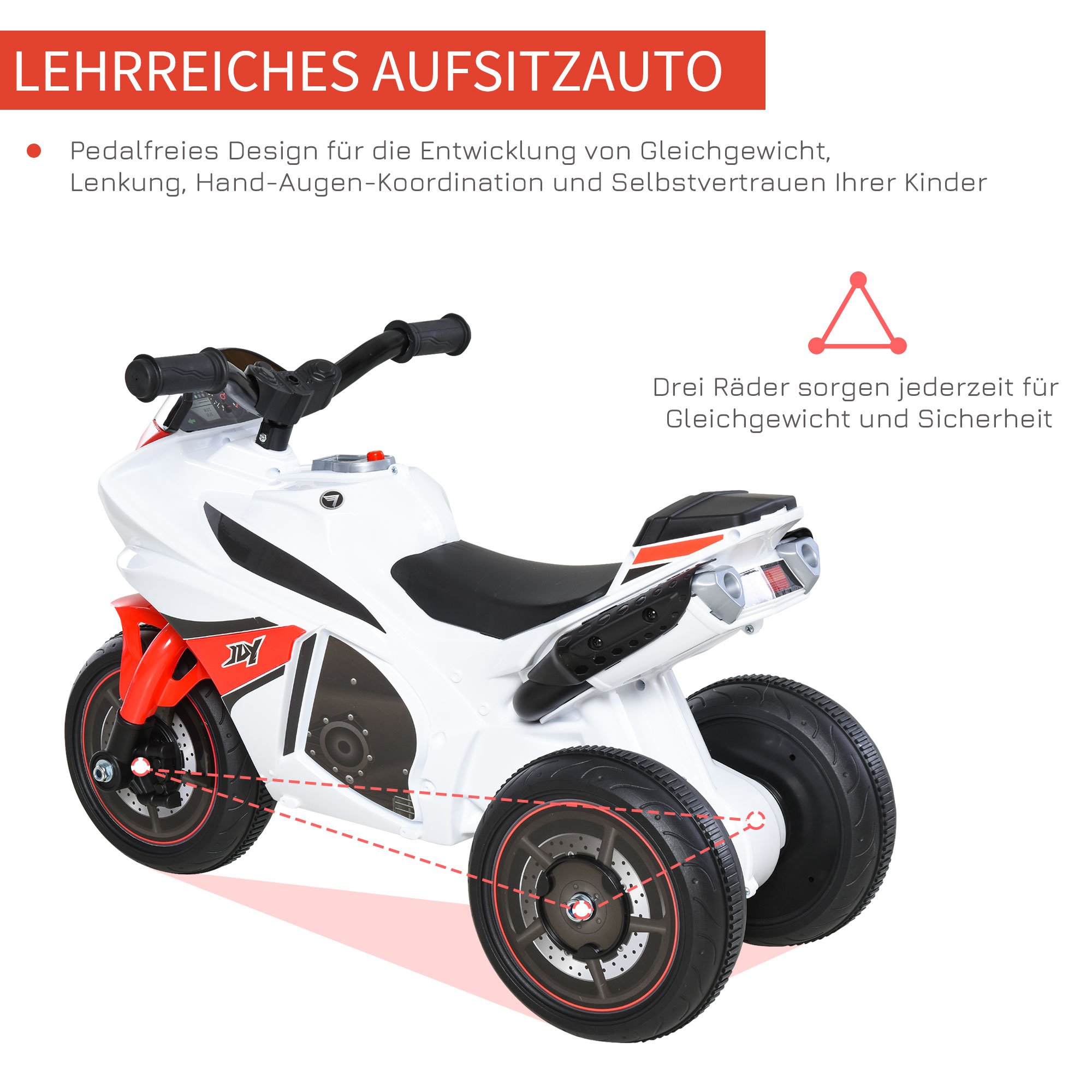 Laufrad, Rutscher, Kindermotorrad, 18-36 Monate, Musik/Licht, bis 20 kg, Weiß/Rot