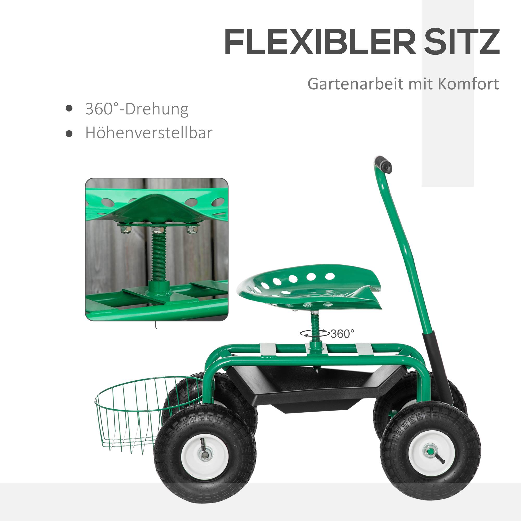 Gartenwagen mit Rollsitz bis 150 kg mit Ablage Korb für kleine Gartengeräte Werkstattwagen fahrbar Gartensitz Richtung steuerbar Sitzhöhe 46-59 cm höhenverstellbar Metall Gummi Grün