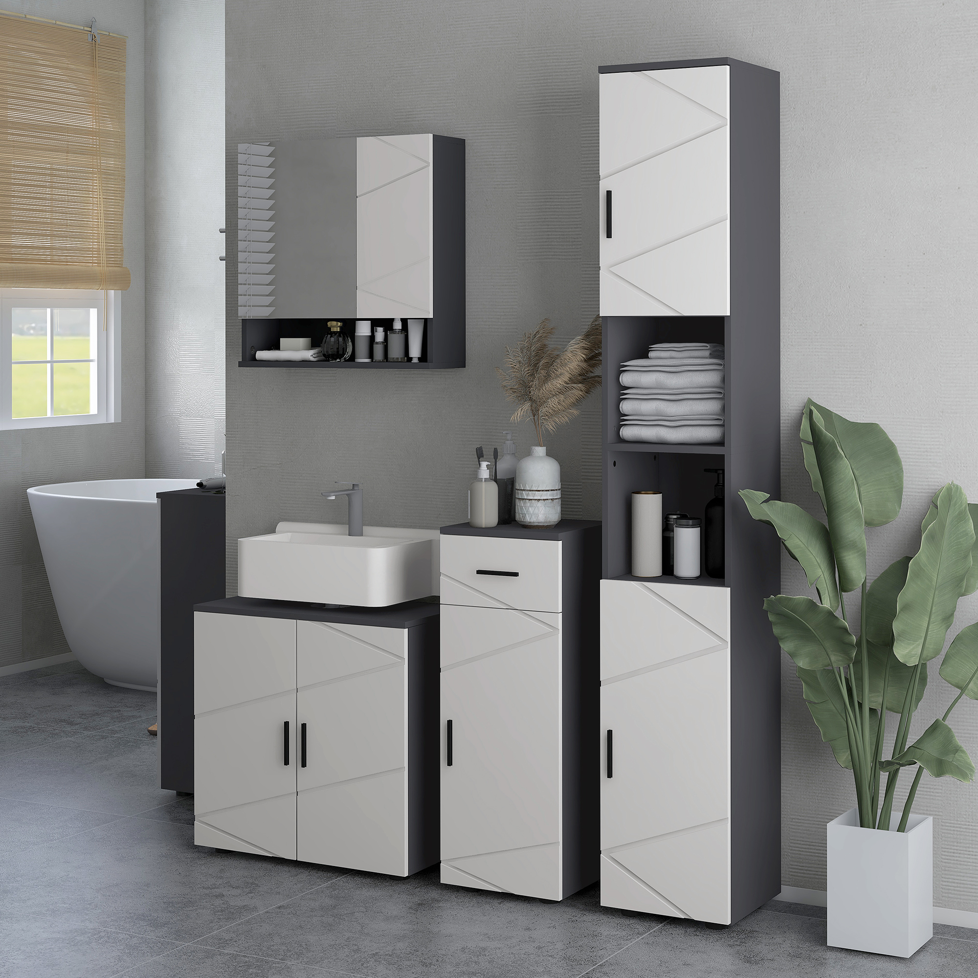 Badezimmerschrank, Badkommode, Waschbecken-Unterschrank, 2 Ebenen, Holz, Hellgrau