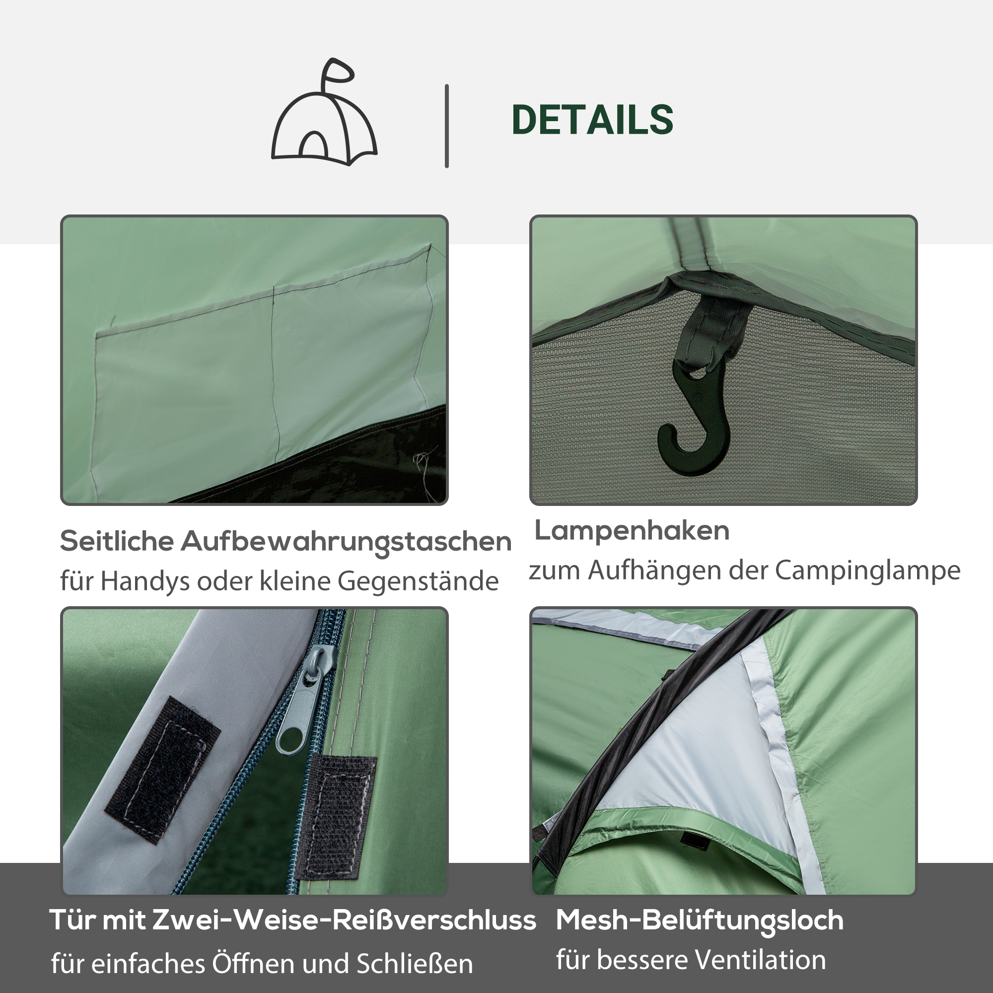 Campingzelt für 2-3 Personen stabil wasserdicht Familienzelt mit Seitentür Fenster Packtasche, Zelt mit 2000mm Wassersäule Tunnelzelt Kuppelzelt für Camping Reise Trekking Garten, Dunkelgrün