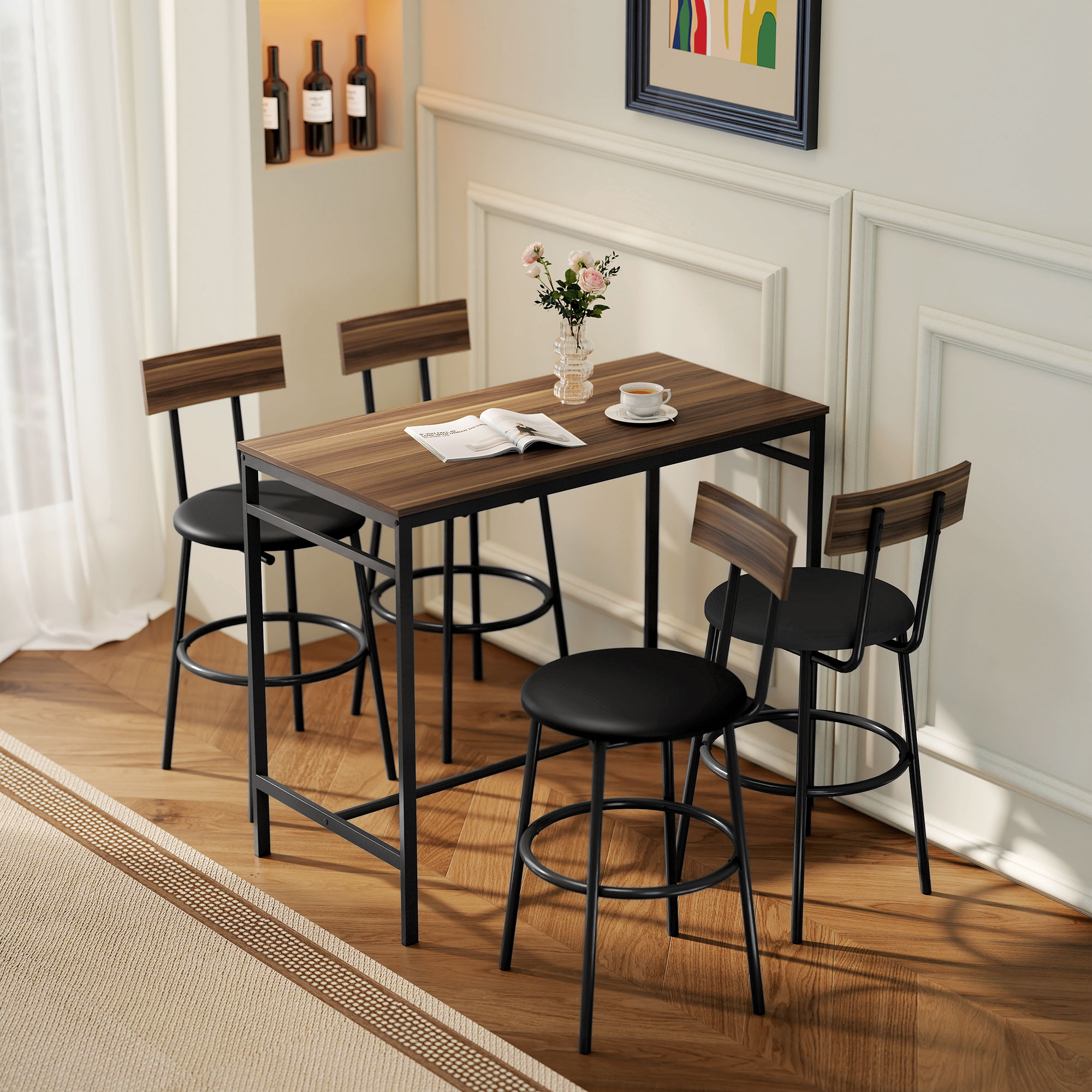 5-teiliges Bartisch-Set mit 4 Stühlen, Industrielles Design, für Küche, Esszimmer, Holz, Stahl, Braun