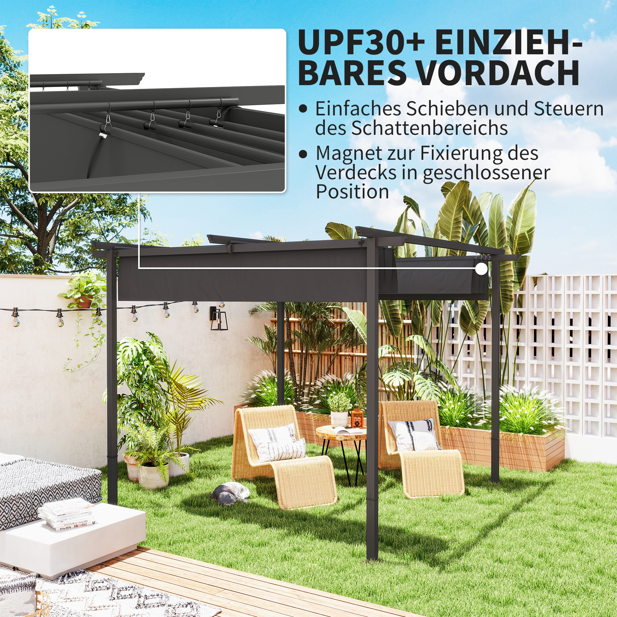 3 x 3 m Garten-Pergola mit verstellbarem Dach, Metallrahmen, UPF30+ Schutz, Sonnendach für Veranda, Terrasse, Dunkelgrau