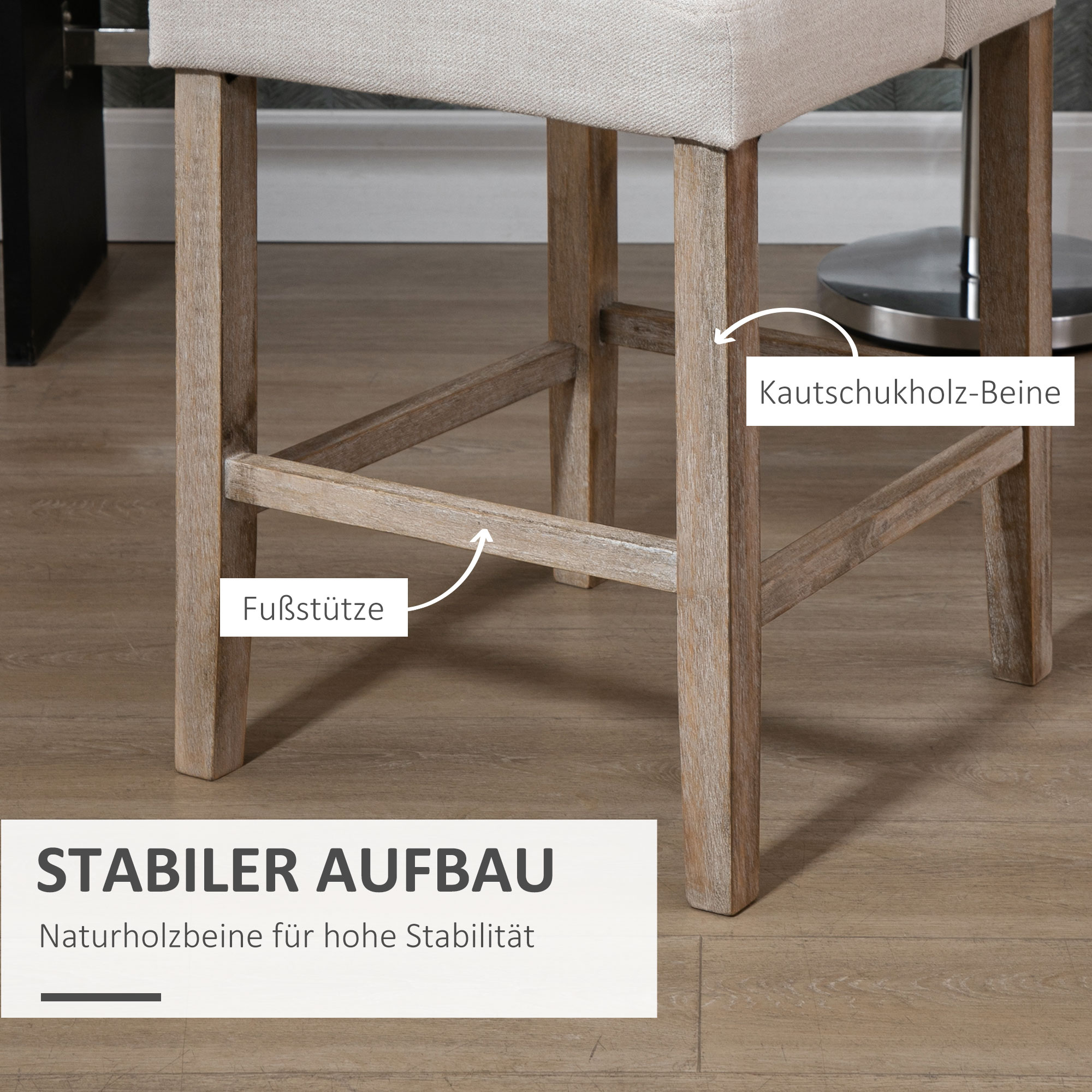 2er-Set Barhocker mit lehne Barstühle mit Knopfheftung, Massivholz, inkl, Fußstütze, 47 cm x 50 cm x 101 cm, Grau + Natur