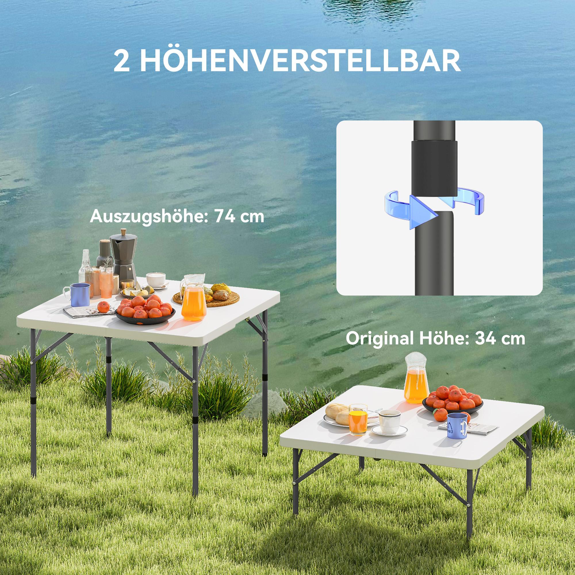 Picknicktisch, Klappbarer Campingtisch, in zwei Höhen einstellbar, für Gartenpartys, Camping, Kunststoff, Metall, Weiß