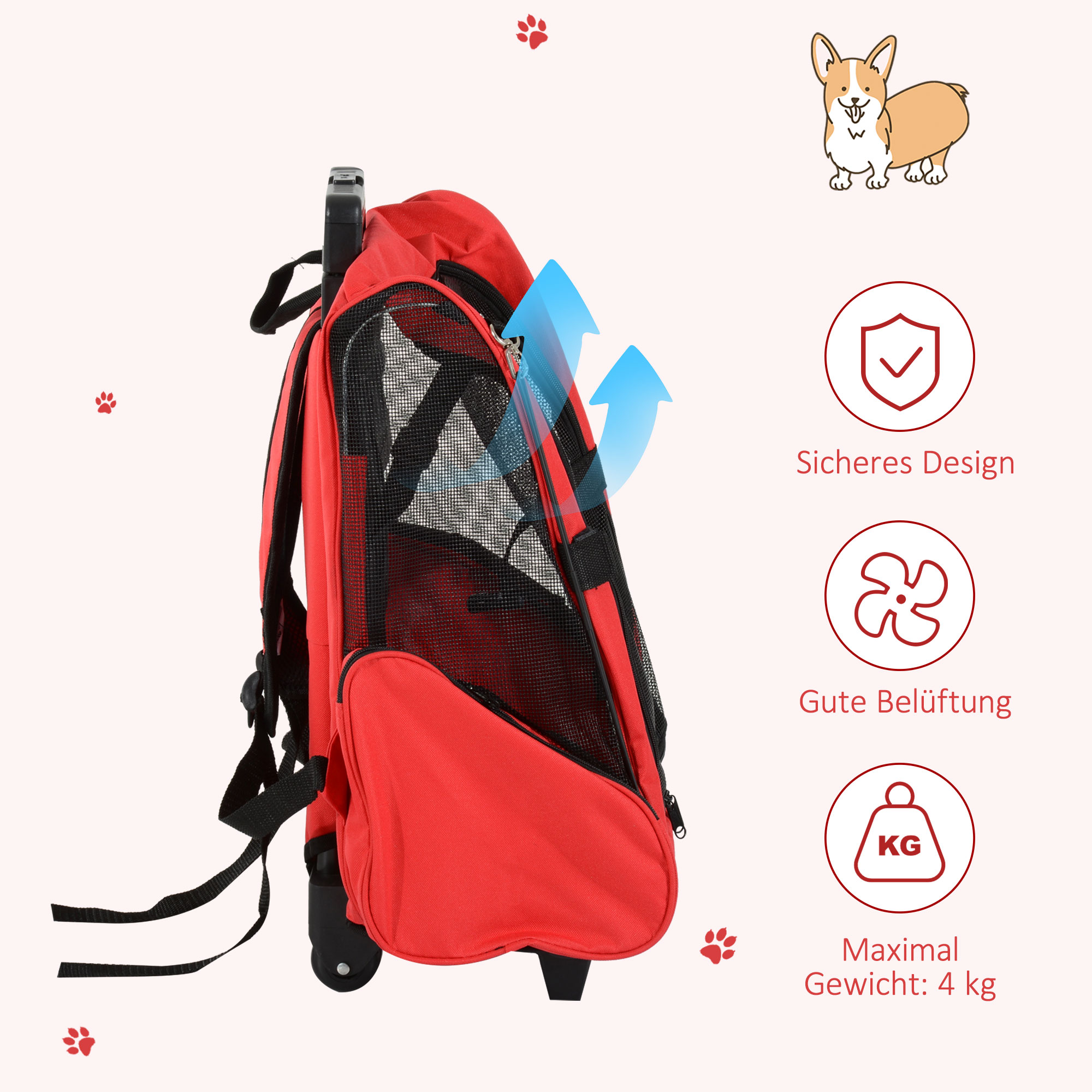 Hundetransporttasche, Haustierrucksack, 2-in-1-Design, ausziehbarer Griff, Seitentaschen, Rot, 42 x 25 x 55cm