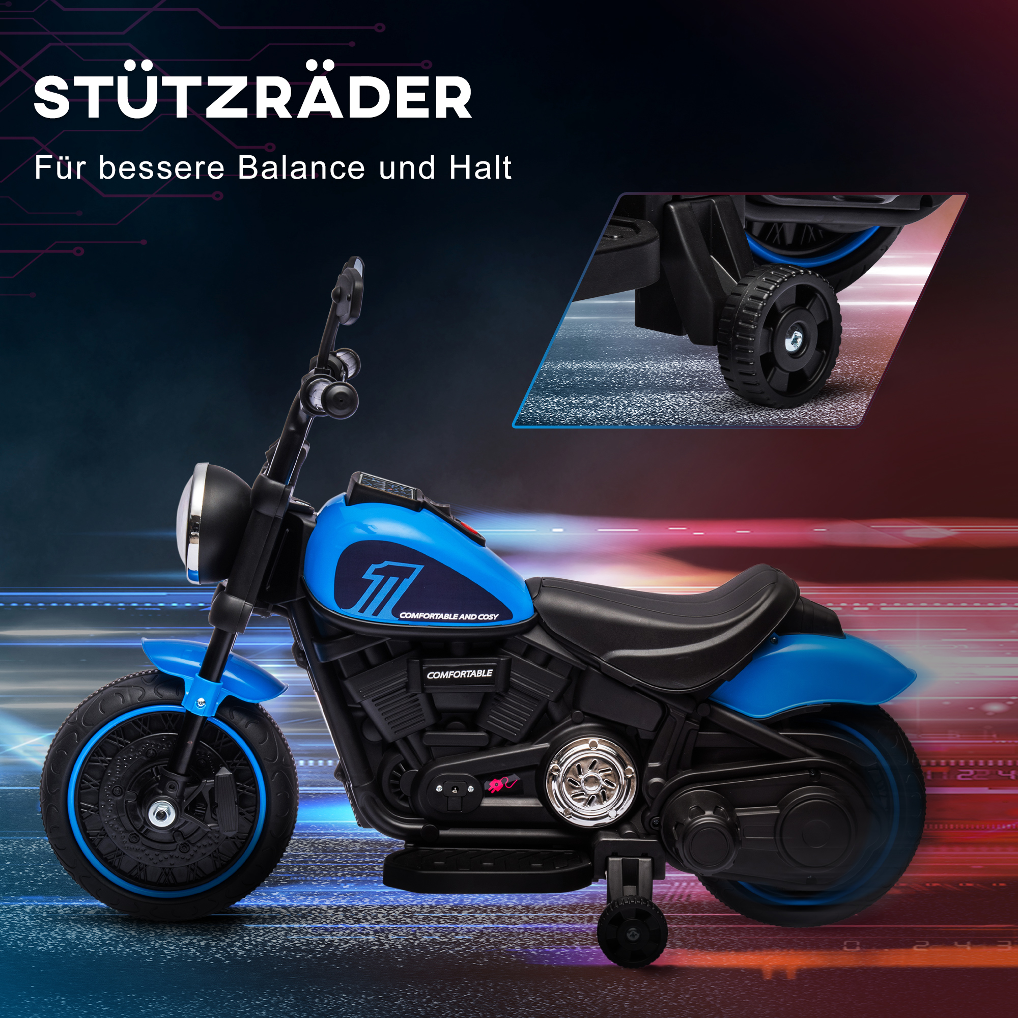 Elektro Kindermotorrad, Elektrisches Kinderfahrzeug, mit Scheinwerfer, 3 km/h, Blau + Schwarz