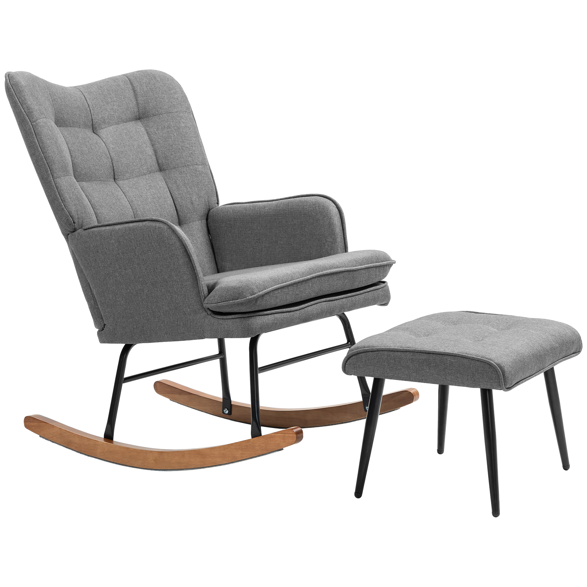 Schaukelstuhl mit Hocker, komfortabel, bis 130 kg, Leinenoptik, 64x89x90cm, Dunkelgrau
