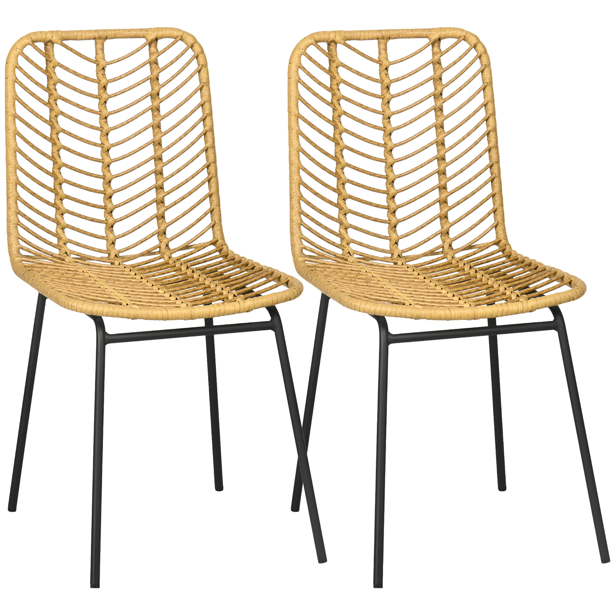 2er-Set Esszimmerstühle im Boho-Stil, Akzentstuhl, PE-Rattan, 44 cm x 58 cm x 85 cm, Natur + Gelb