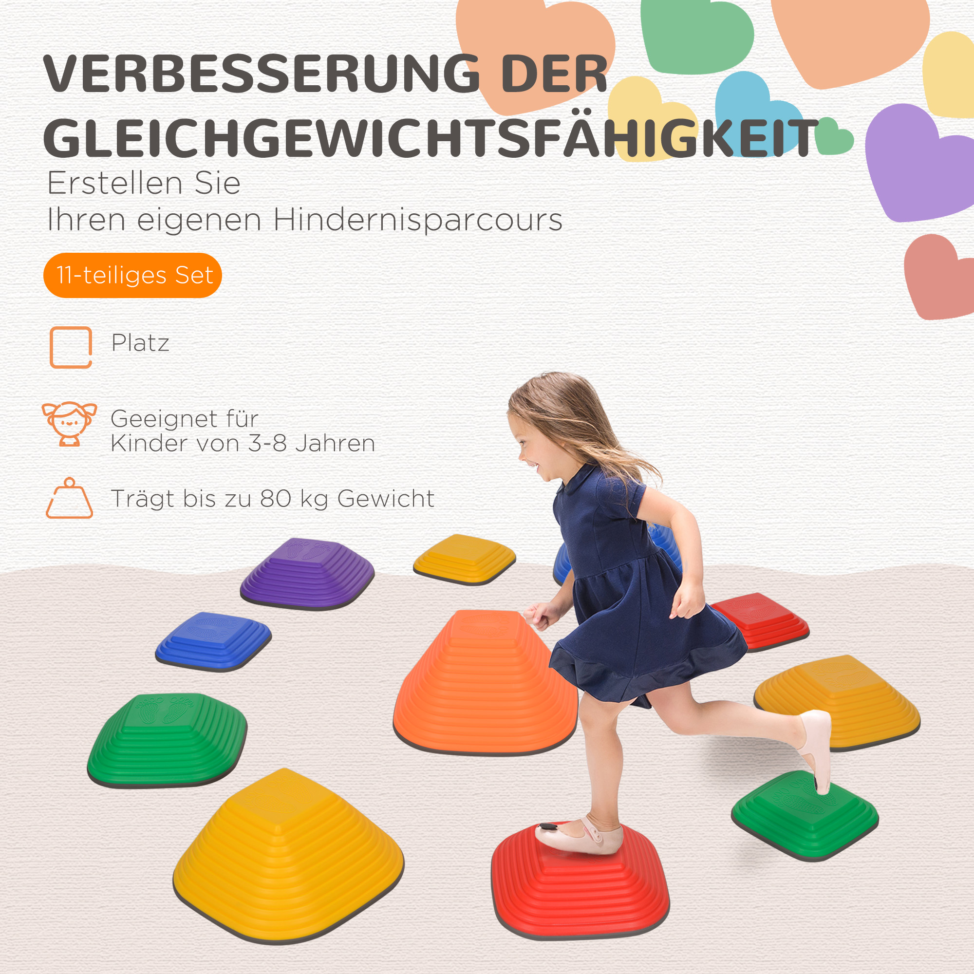 Balance-Trittsteine für Kinder, 11 Teile, Rutschfest, Hindernislauf-Steine, für Motorik-Förderung, Kunststoff, Bunt