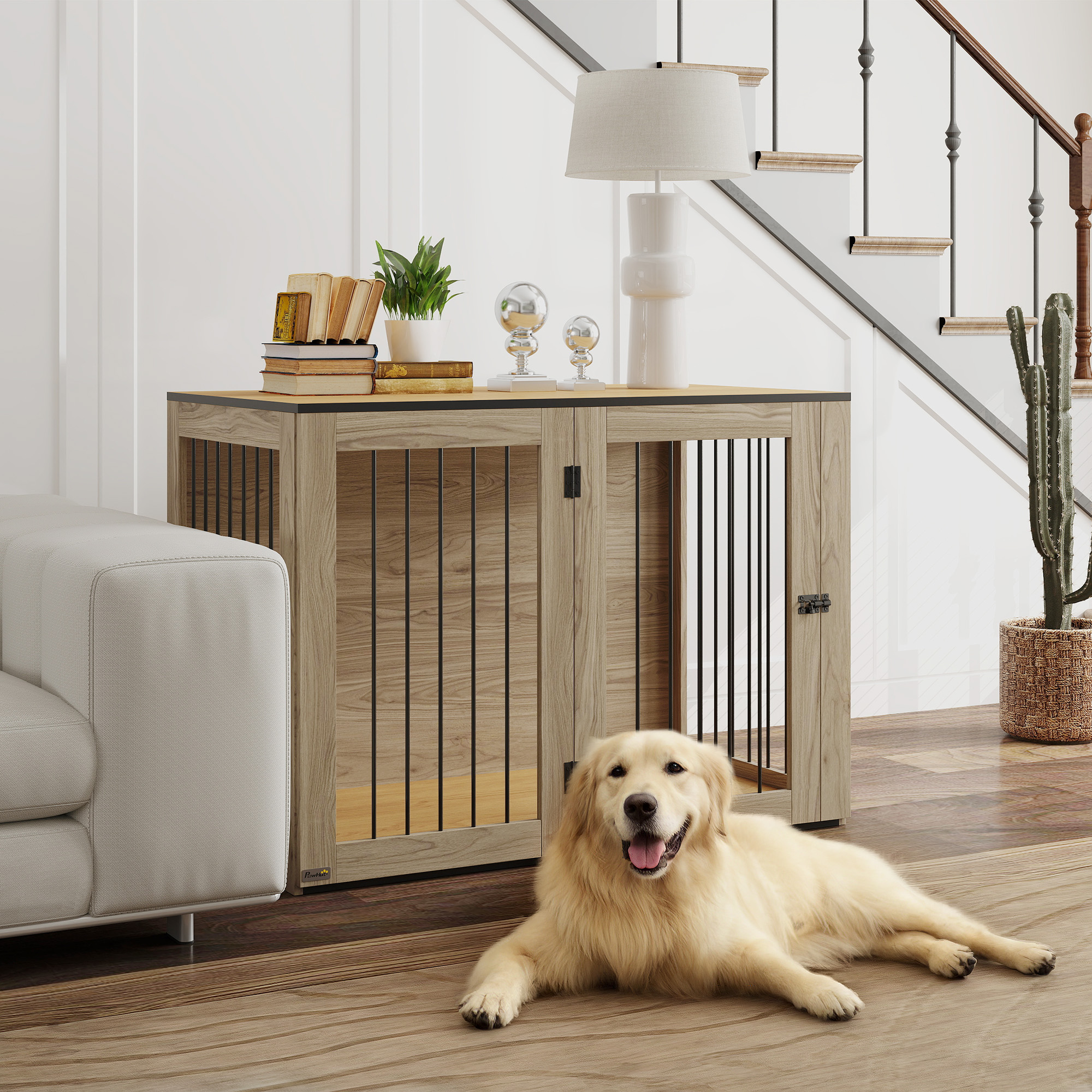 Hundebox, Haustierbox für große Hunde, Hundehütte, Indoor, 106 x 60 x 76 cm, Eiche