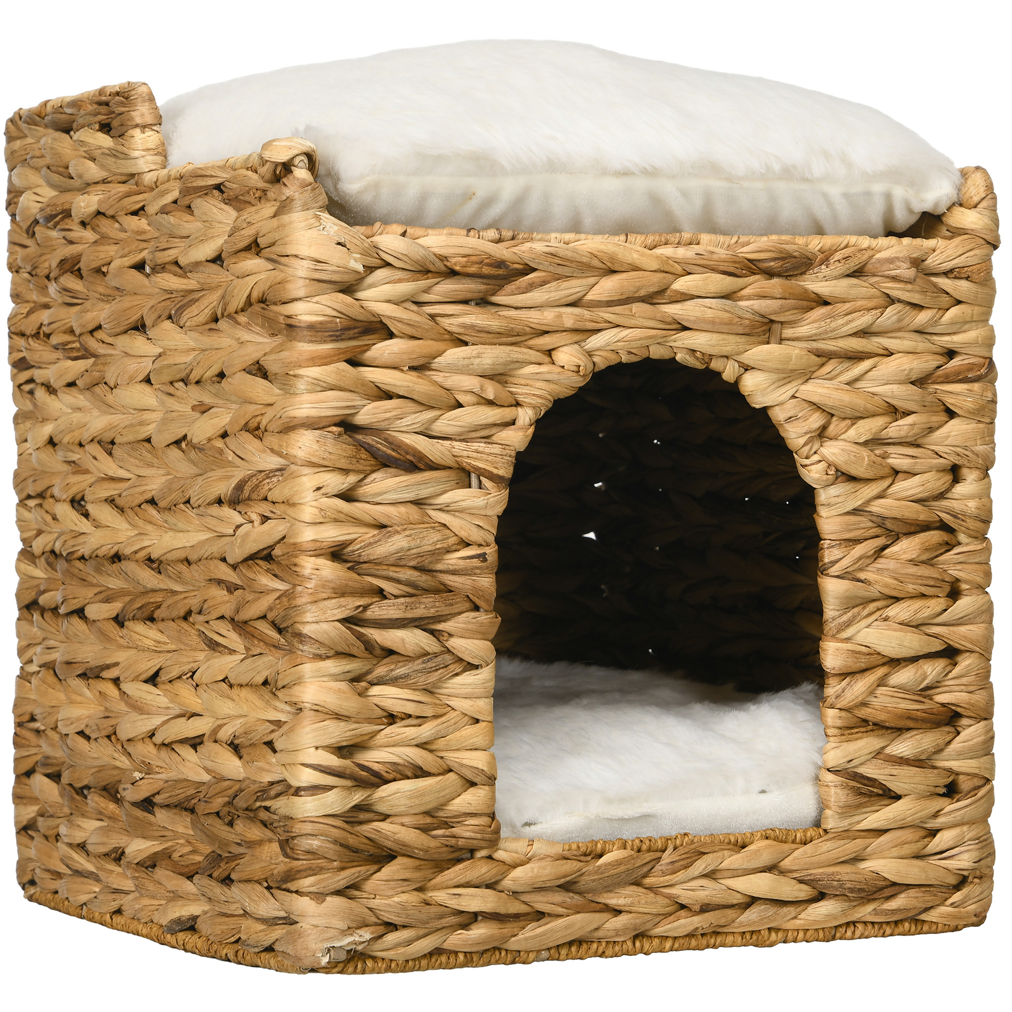 Katzenhöhle aus Wasserhyazinthen-Gras, 2 Liegefläche, 2 waschbare Kissen, Natur + Weiß