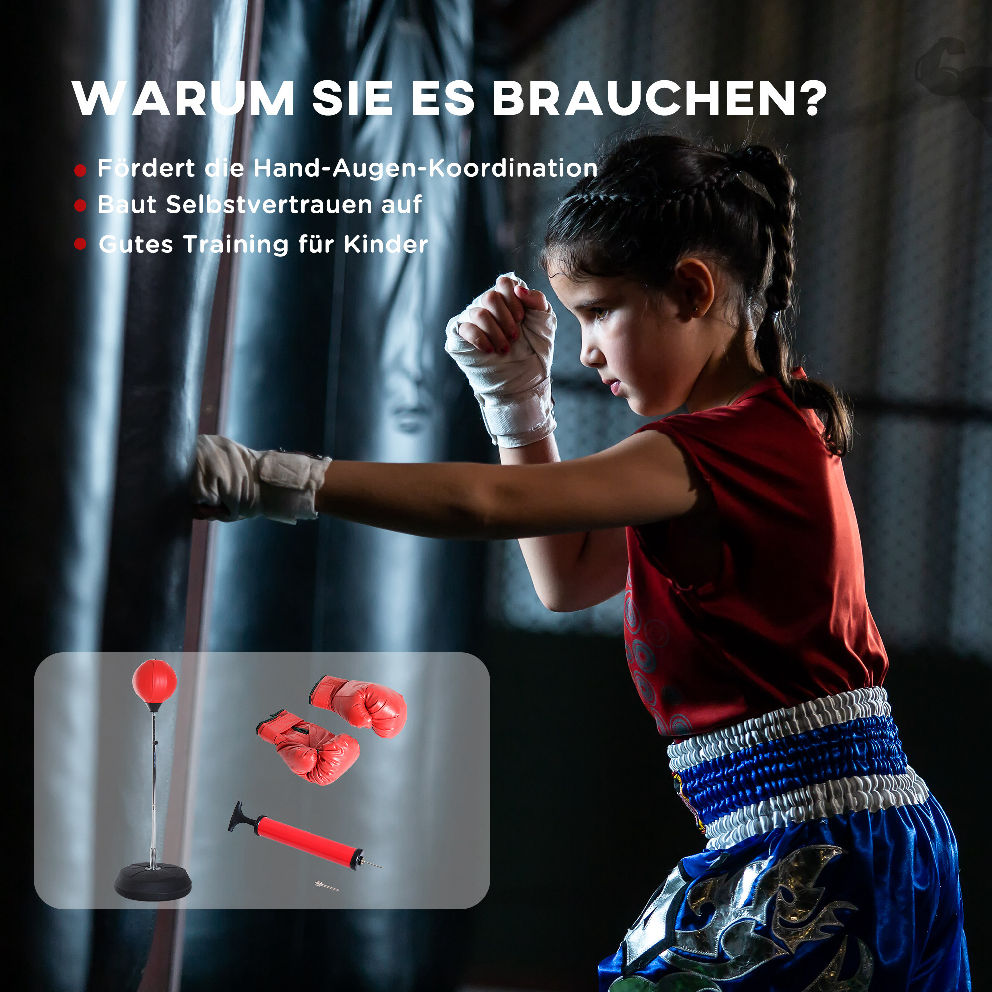 Box-Set mit Punchingball, höhenverstellbar, inkl, Boxhandschuhe, 126-144cm, Rot