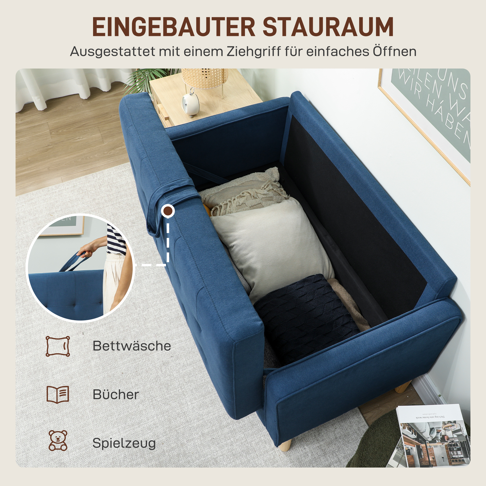 Zweisitzer-Sofa mit Stauraum, Knopfheftung, Kissen, Kautschukbaumholz, 117x62x78cm, Blau