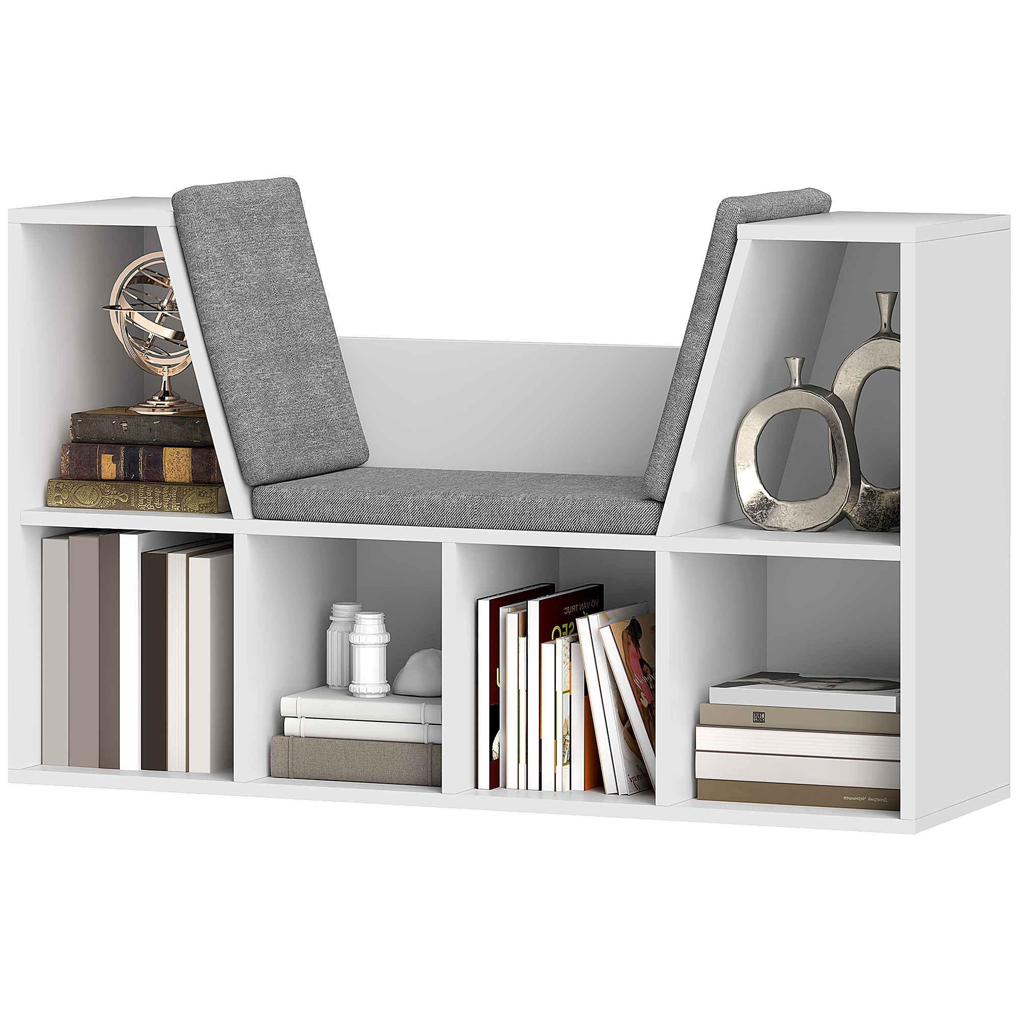 Bücherregal mit Sitzfläche, 6 Fächer, gepolstert, 105 x 30 x 63 cm, Weiß