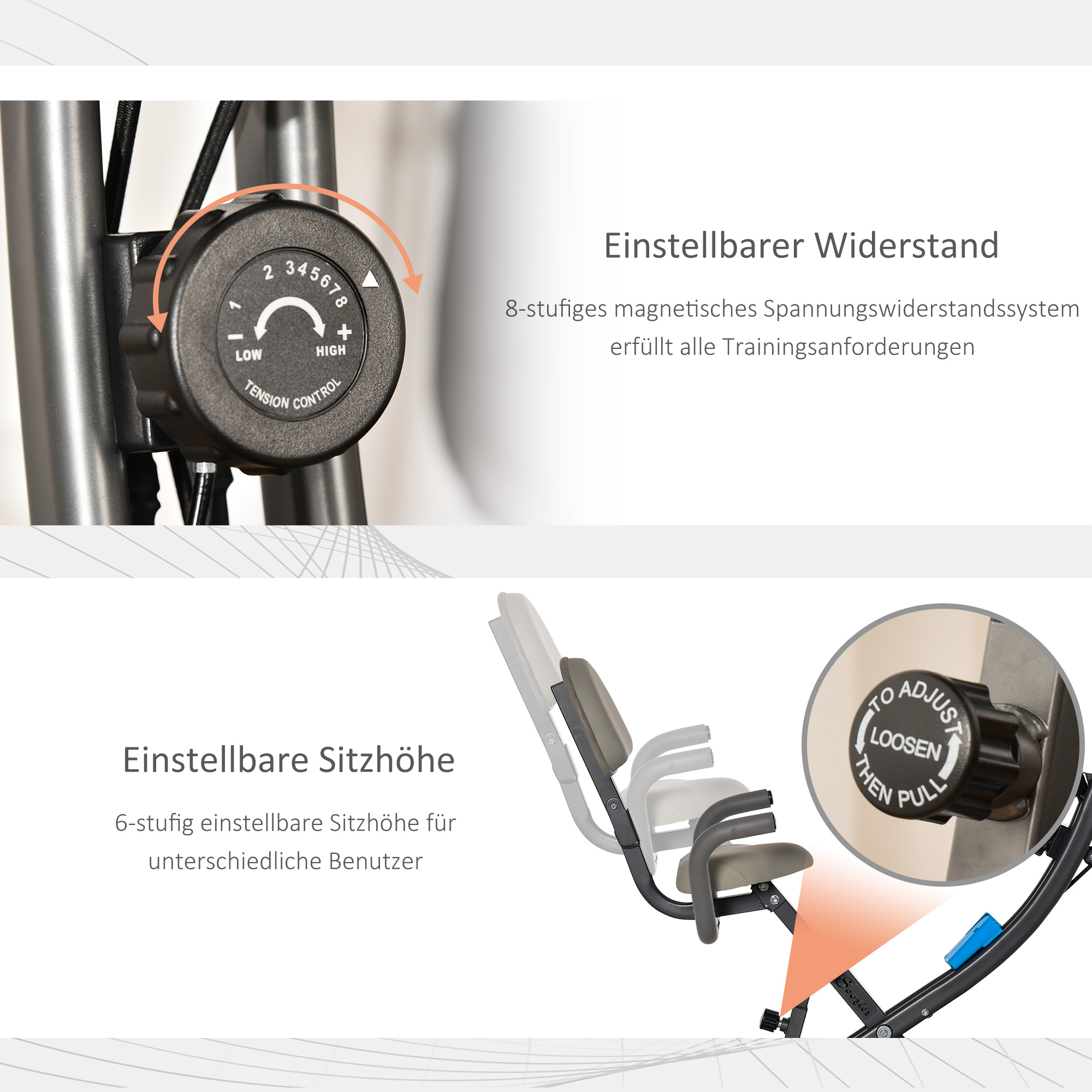 Heimtrainer X-Bike 2-in-1 Fahrradtrainer mit LCD-Display,Pulsmesser, klappbarer Hometrainer Trimmrad mit 8 stufig Magnetwiderstand, 1 Paar Spannseil, Stahl Blau 105x48x118 cm