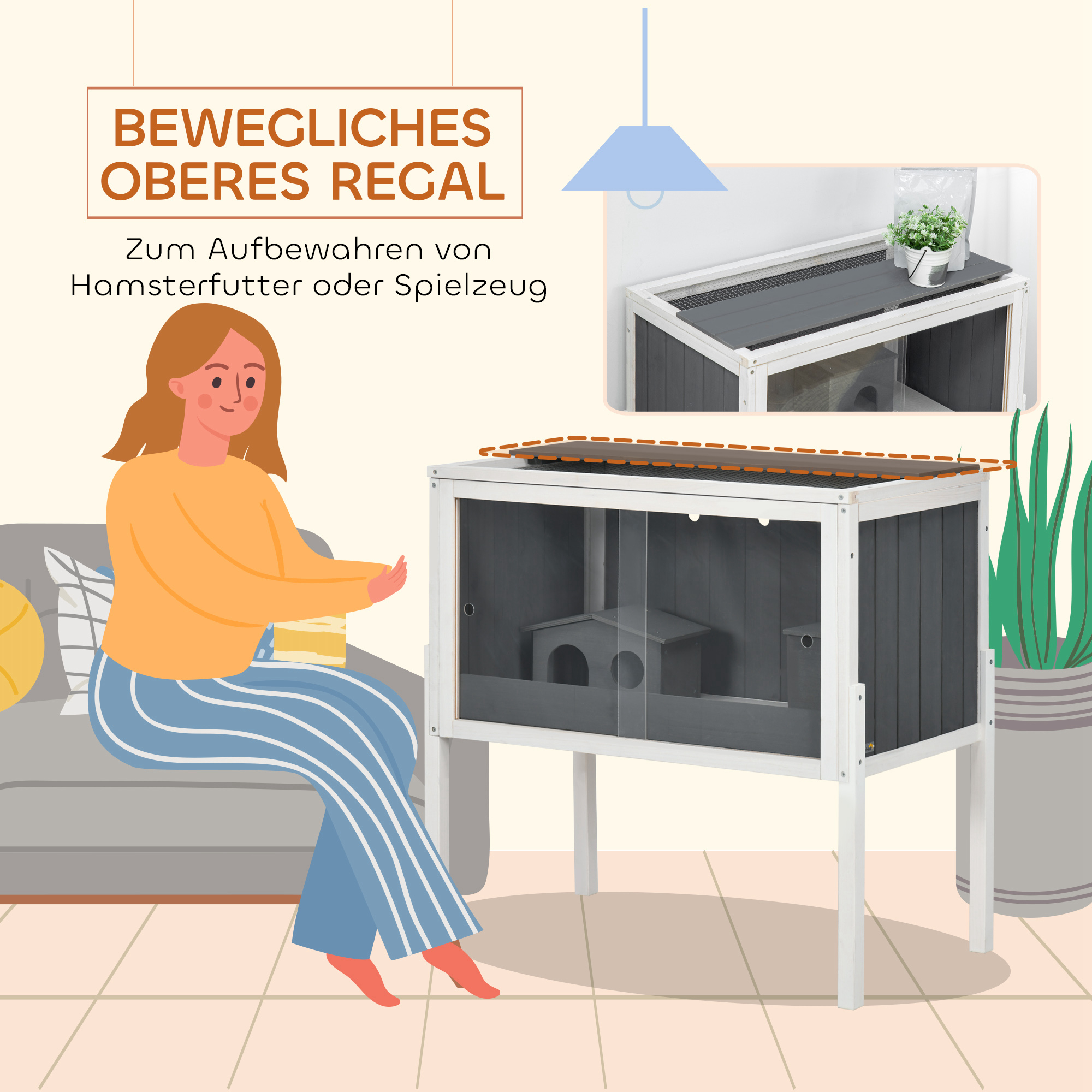 Hamsterkäfig, 3000 cm² Zwerghamsterkäfig aus Holz und Metall, mit 2 Hütten, Acrylschiebetüren, stabil, sicher, Grau+Weiß