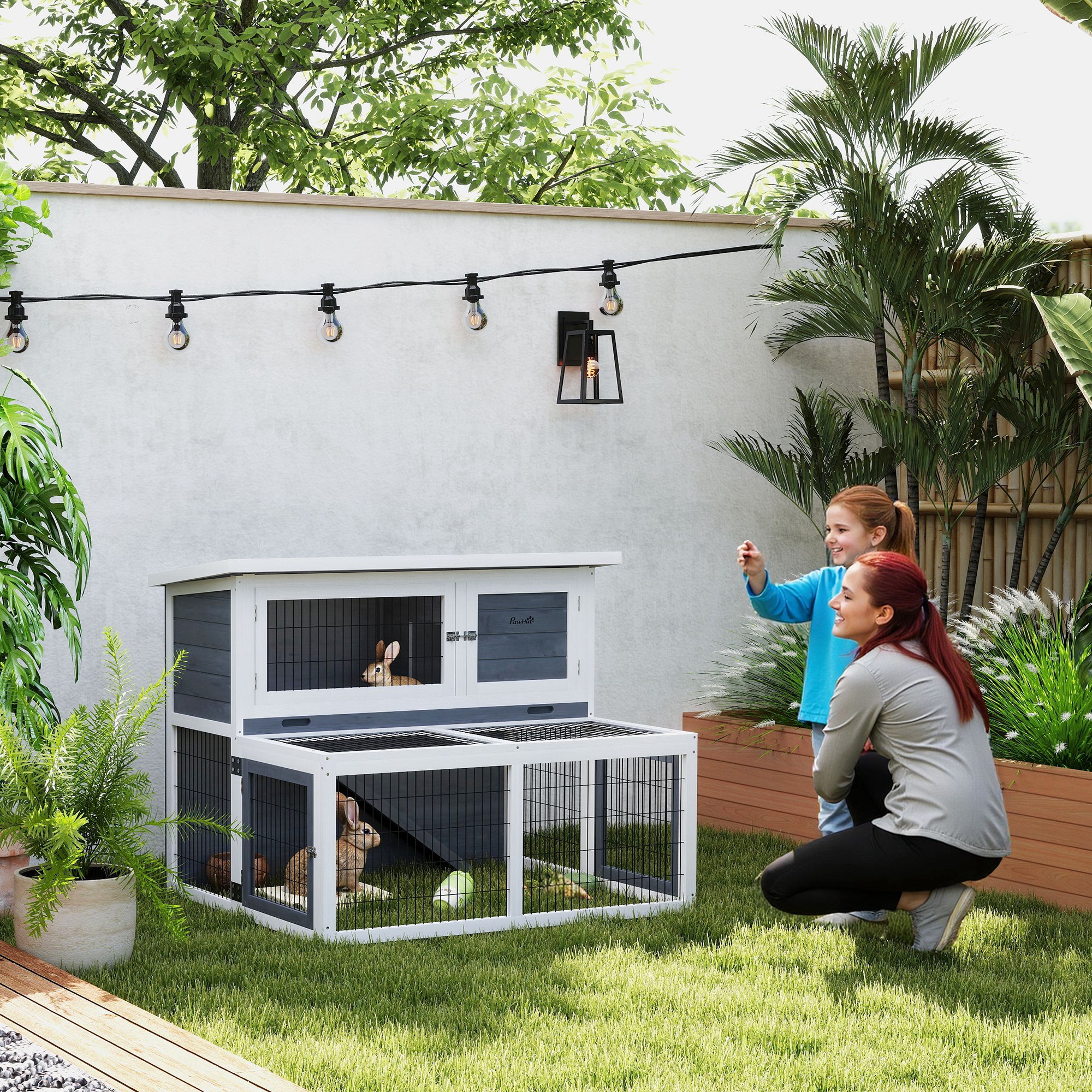 Hasenstall 2 Ebenen mit klappbar Dach Kaninchenstall aus Vollholz Winterfest Doppelstockhaus 122x95x93,5 cm Grau