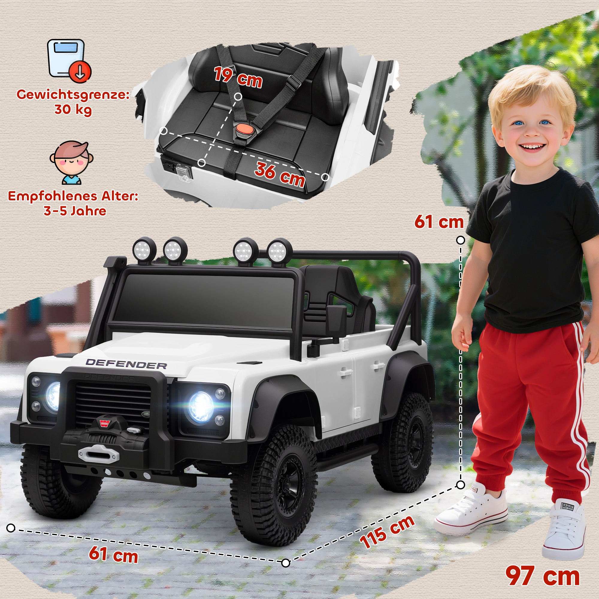 Kinder-Elektroauto, 12V Batterie-Betrieb, Fernbedienung, Musik-Funktion, Hupe, LED-Lichter, Weiß