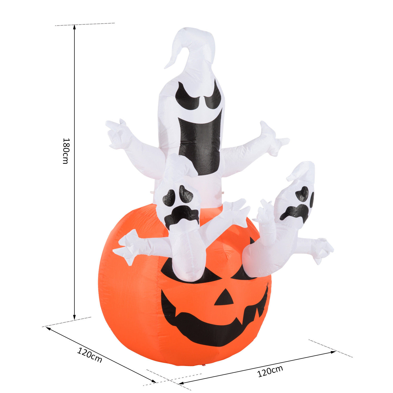 Aufblasbarer Kürbis Geist Gespenst Halloween Deko Figur Luftfigur mit LED Beleuchtung, Polyester, 120x120x180cm