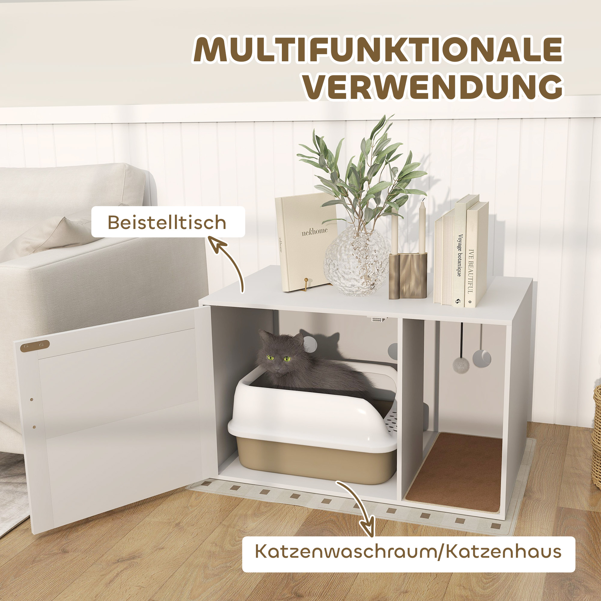 Katzenklo-Gehäuse, stilvoll, mit Kratzmatte, Rattantür, 80 x 50 x 50 cm, Weiß